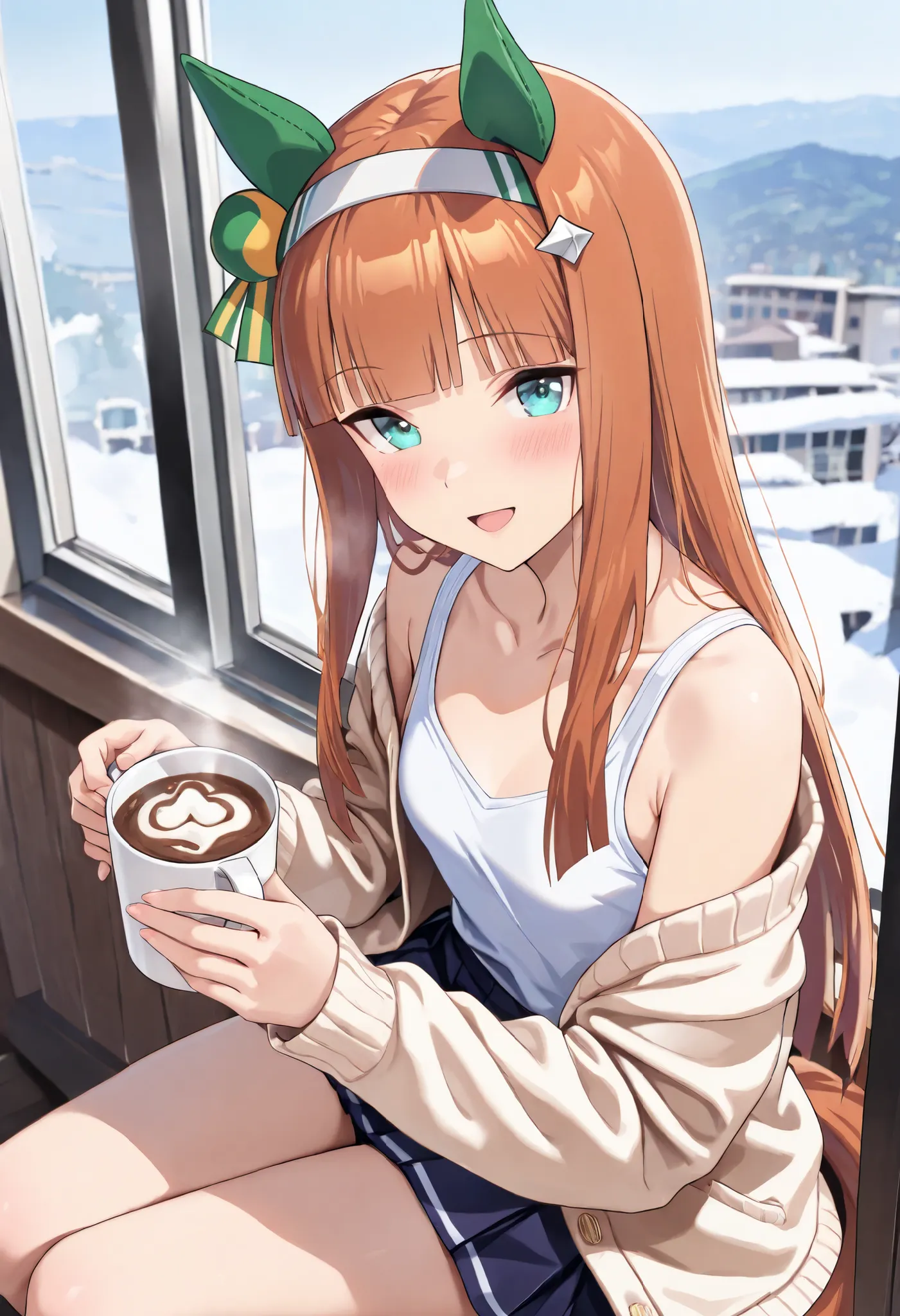 (masterpiece, best quality, perfect face:1.4), wide angle, silence suzuka \(umamusume\), horse ears, ear cover, white headband, small breasts, horse tail, tail on the lower back, proportional body, proportional,1 girl, beautiful hair, beautiful face, beaut...