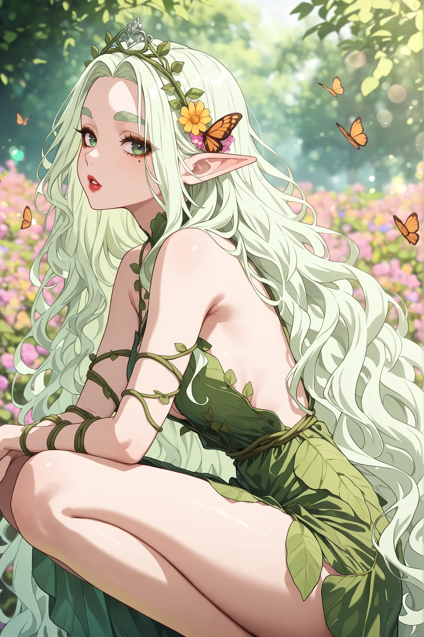 masterpiece, best quality, amazing quality, very aesthetic, newest, 1girl, solo, elf, pointy ears, light green hair, very long hair, wavy hair, flower tiara, floral hair ornament, colorful flowers, thick eyebrows, green eyebrows, dark green eyes, detailed ...