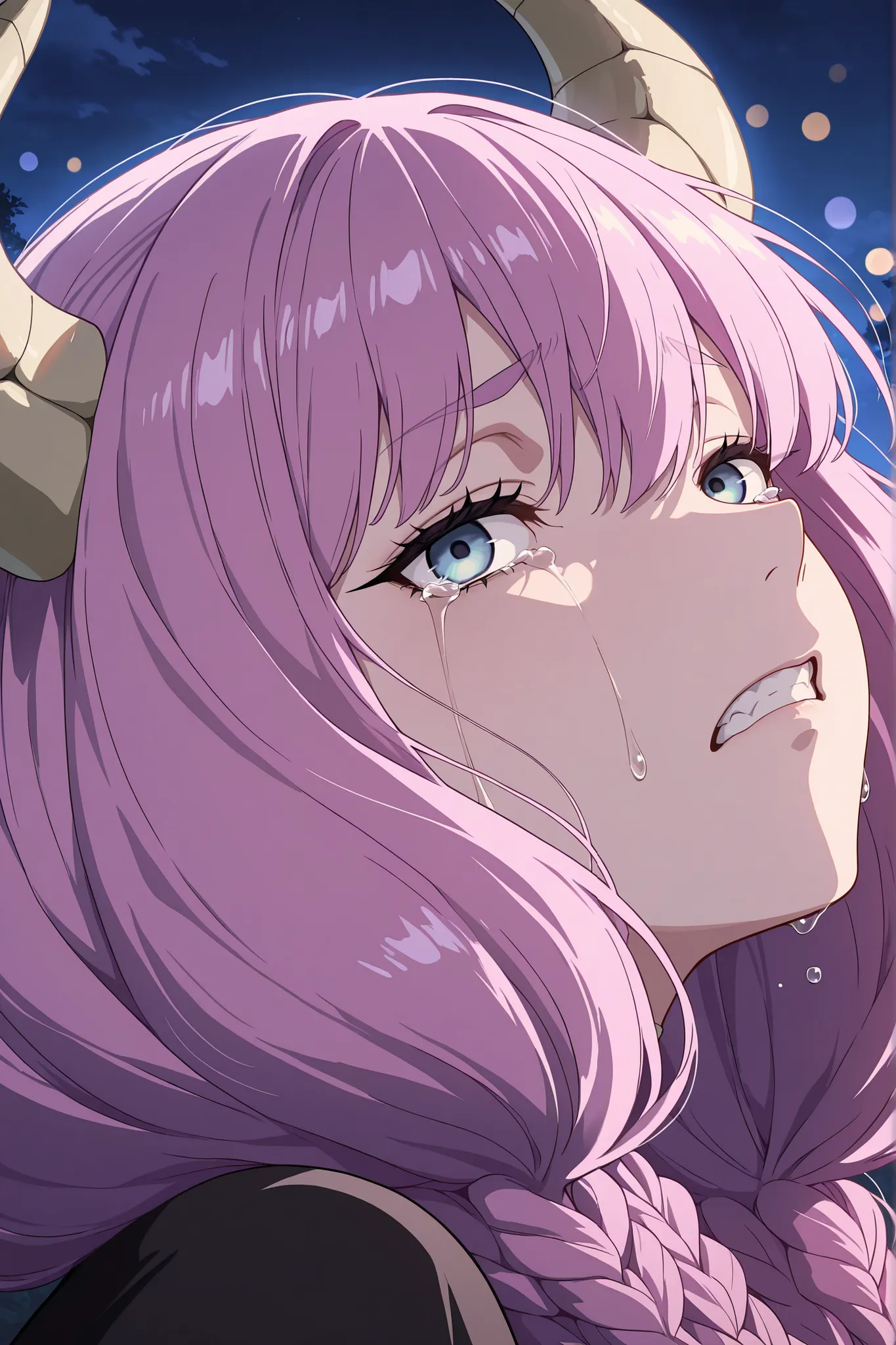 masterpiece, best quality, amazing quality, 1girl, aura \(sousou no frieren\), from side, portrait, frown, clenched teeth, crying with open eyes, horns, looking up, looking at viewer, night, bokeh, absurdres, highres
