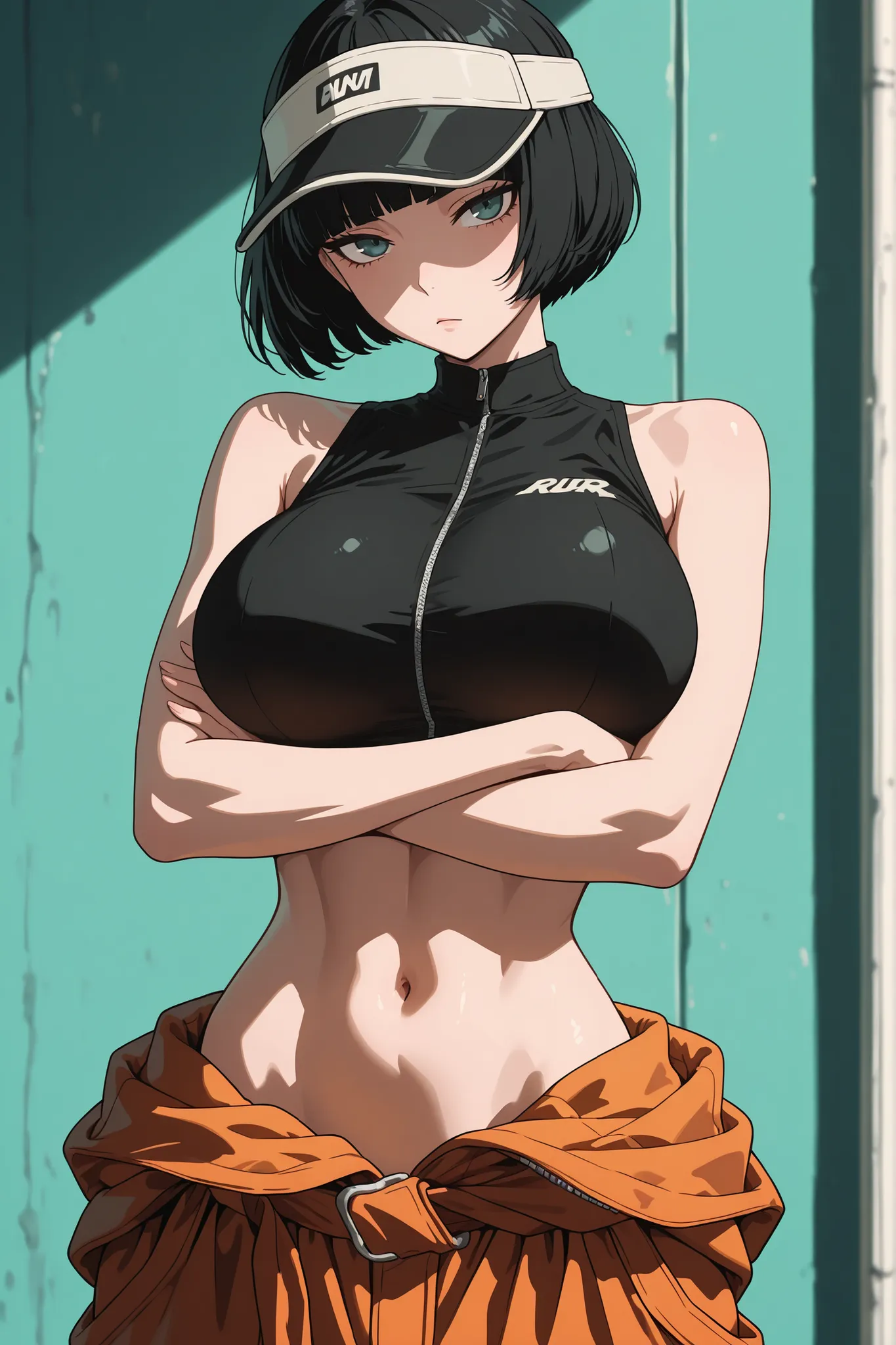 masterpiece, best quality, amazing quality, newest, masterpiece, solo, 1girl, cowboy shot, close-up, black hair, bobcut, jumpsuit down, crop top, hip hop, streetwear, big breasts, roundnatural breasts, linea alba, baseball cap, skinny, crossed arms, arms u...