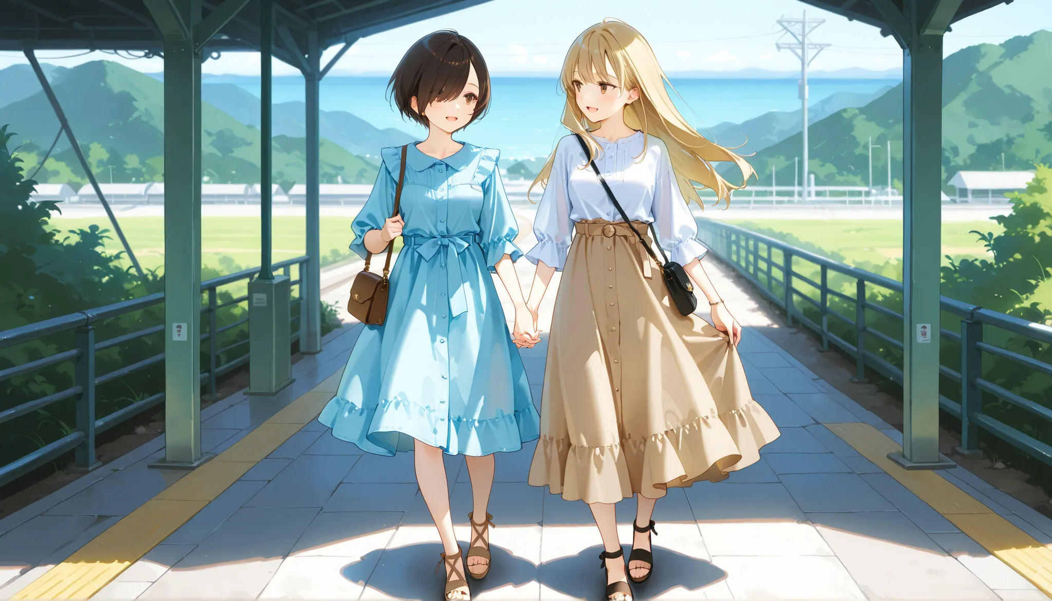 Pale blue summer outfit, brown summer outfit, 2girls, blonde longhair, black short hair, hair over one eye, side parted, hand in hand, tsurime, tareme, (brown eyes), station, interlocked fingers, shoulders bag, happy, Looking away, 20 years old, mesium bre...