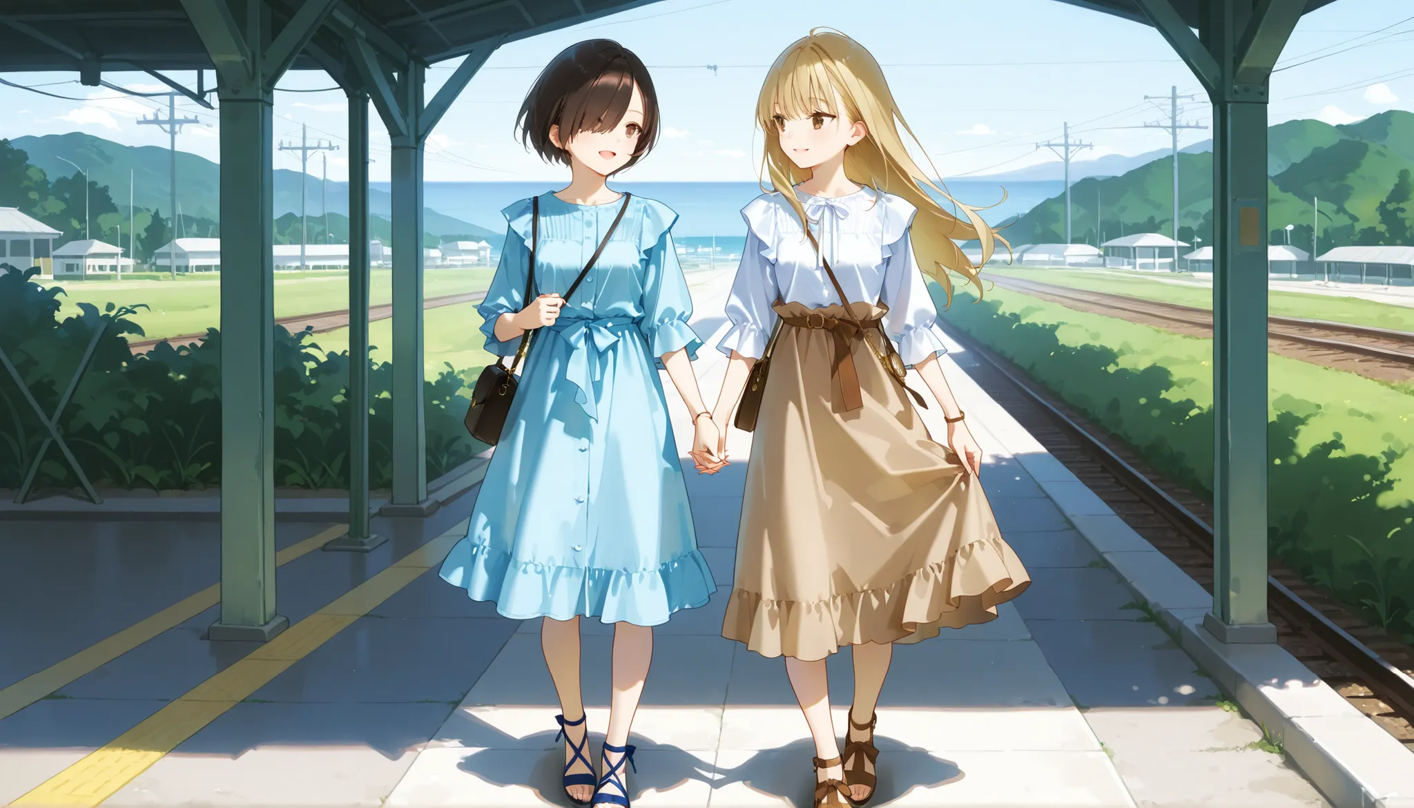 Pale blue summer outfit, brown summer outfit, 2girls, blonde longhair, black short hair, hair over one eye, side parted, hand in hand, tsurime, tareme, (brown eyes), station, interlocked fingers, shoulders bag, happy, Looking away, 20 years old, mesium bre...