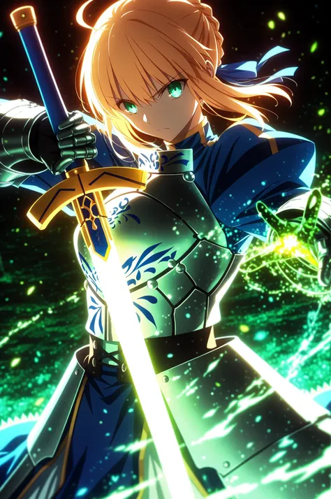masterpiece, best quality, weapon, holding sword, 1girl, saber, fate_(series), 1girl, blonde_hair, green_eyes, tied hair, SHN journey, neon art, neon colors, glowing, glow effect, bright outlines, vibrant colors, high contrast, dark background, digital art...