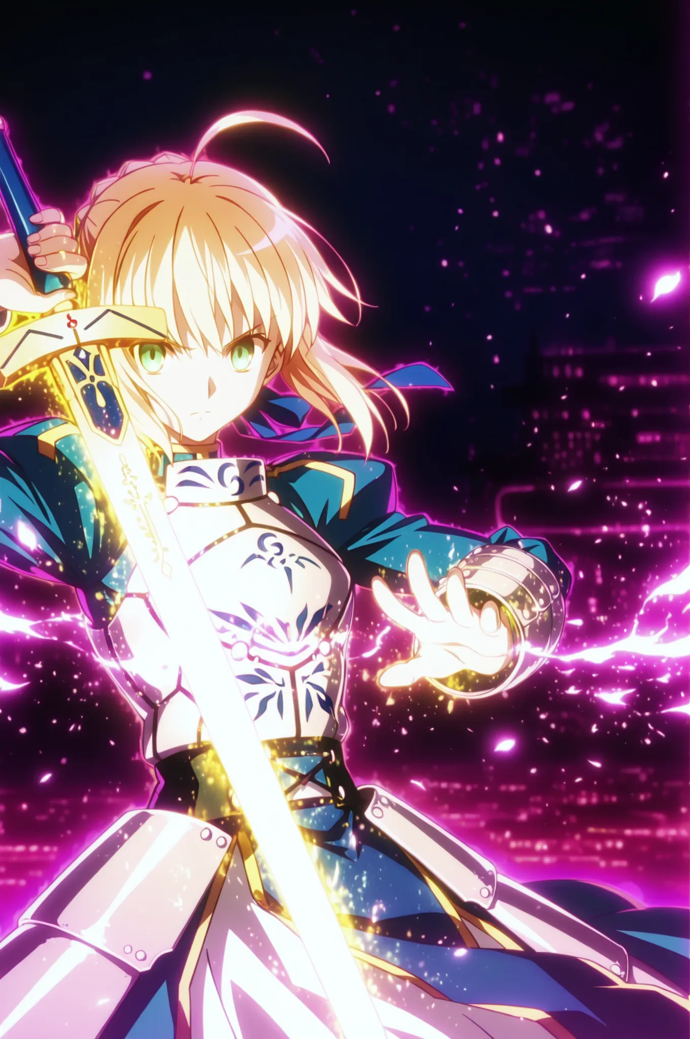 masterpiece, best quality, weapon, holding sword, 1girl, saber, fate_(series), 1girl, blonde_hair, green_eyes, tied hair, SHN journey, neon art, neon colors, glowing, glow effect, bright outlines, vibrant colors, high contrast, dark background, digital art...