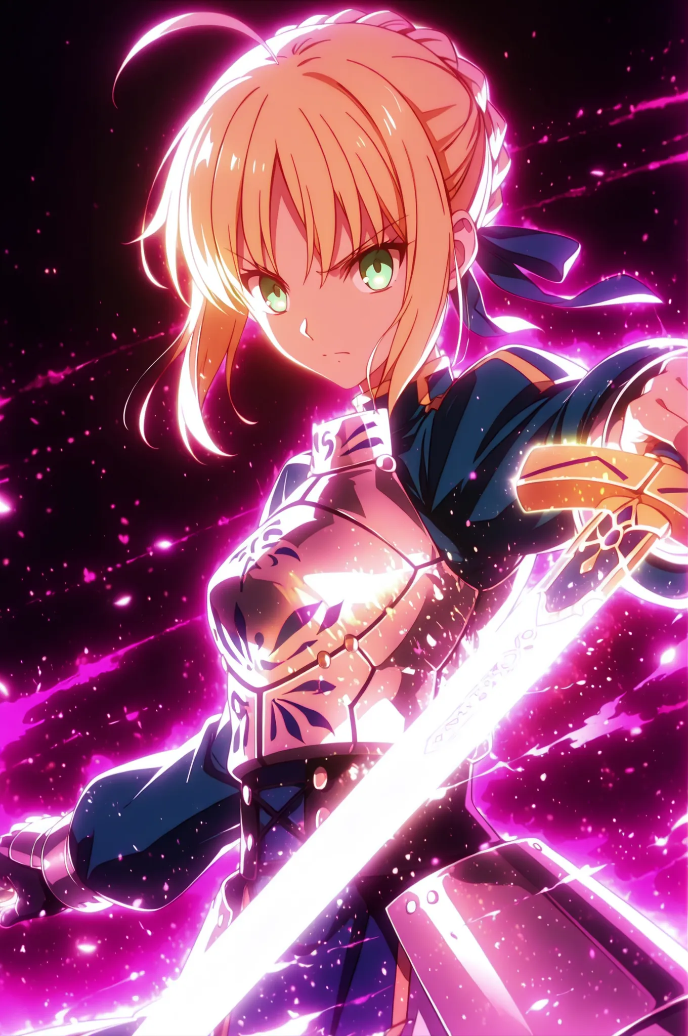 masterpiece, best quality, weapon, holding sword, 1girl, saber, fate_(series), 1girl, blonde_hair, green_eyes, tied hair, SHN journey, neon art, neon colors, glowing, glow effect, bright outlines, vibrant colors, high contrast, dark background, digital art...