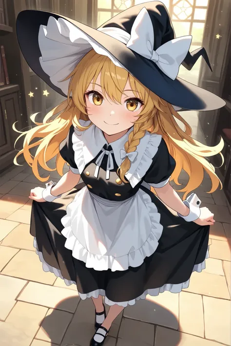 (Quality, 4k, A High Resolution, Masterpiece), Marisa Kirisame, smile, blonde hair, long hair, side braid, golden eyes, black witch dress, white collar, white cuffs, white apron-like front, black pointy witch hat, white ribbon on hat, black Mary Janes