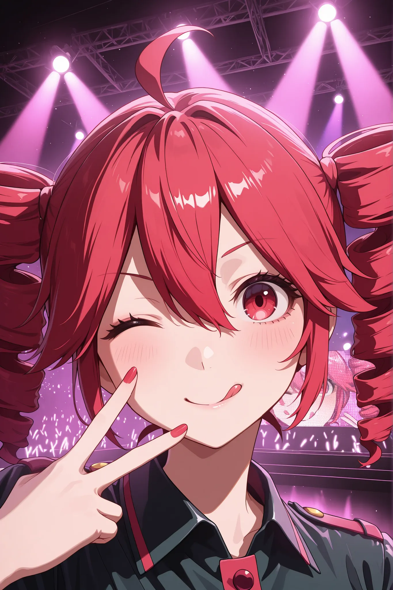 masterpiece, best quality, amazing quality, 1girl, kasane teto, portrait, ;q, one eye closed, v, concert, stage, stage lights, absurdres, highres