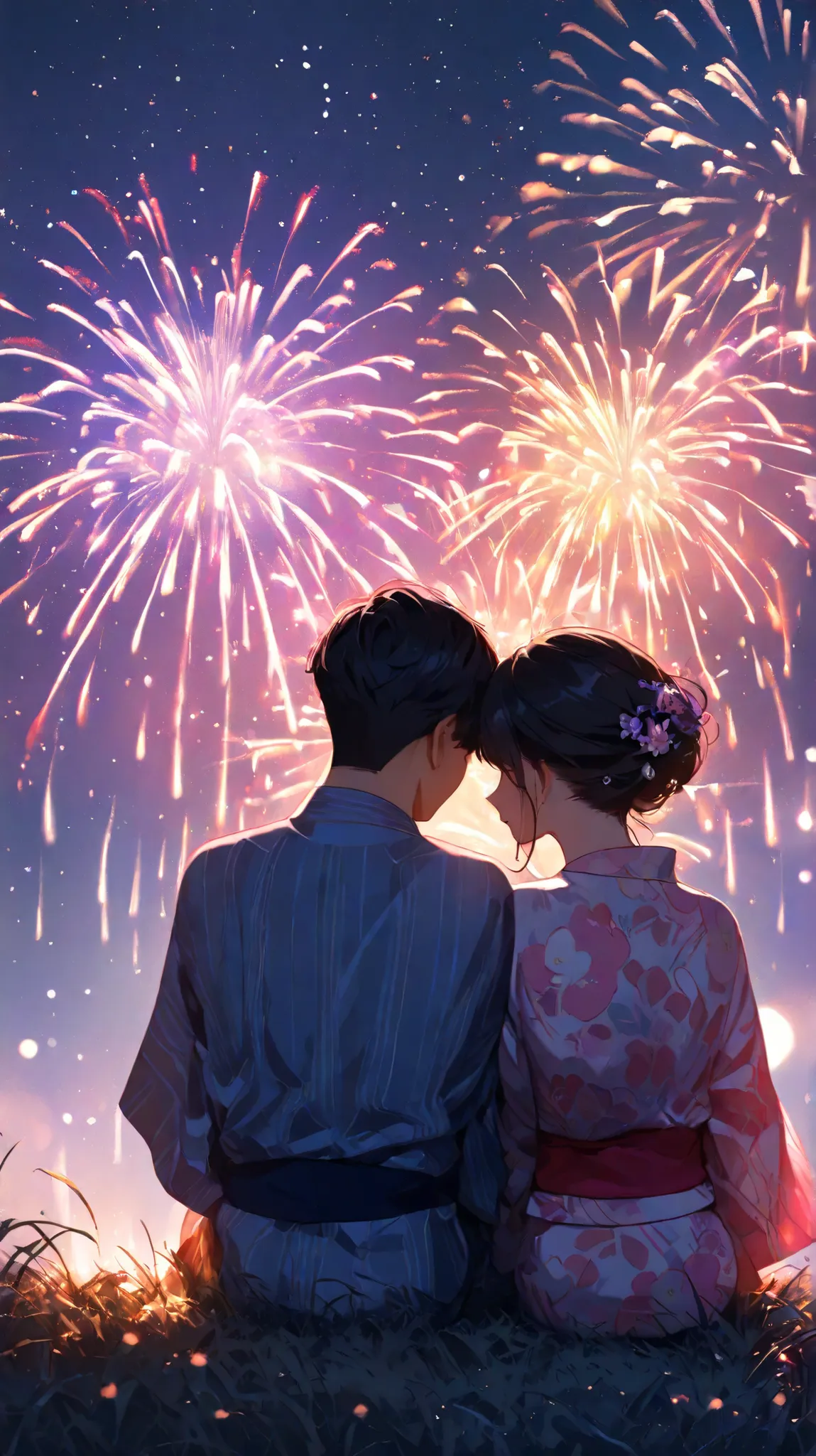 A romantic Japanese couple (one man and one woman) wearing yukata, sitting close together on a grassy riverbank at night, gently resting their heads together while watching a vivid fireworks display. The man wears a dark, simple yukata, and the woman wears...