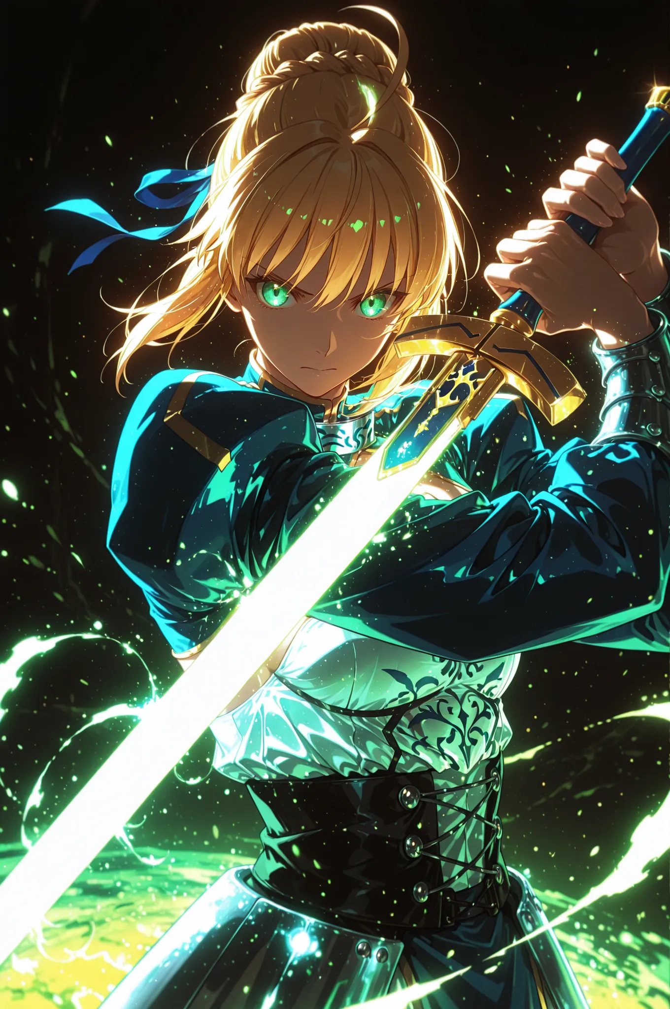 masterpiece, best quality, weapon, holding sword, 1girl, saber, fate_(series), 1girl, blonde_hair, green_eyes, tied hair, SHN journey, neon art, neon colors, glowing, glow effect, bright outlines, vibrant colors, high contrast, dark background, digital art...