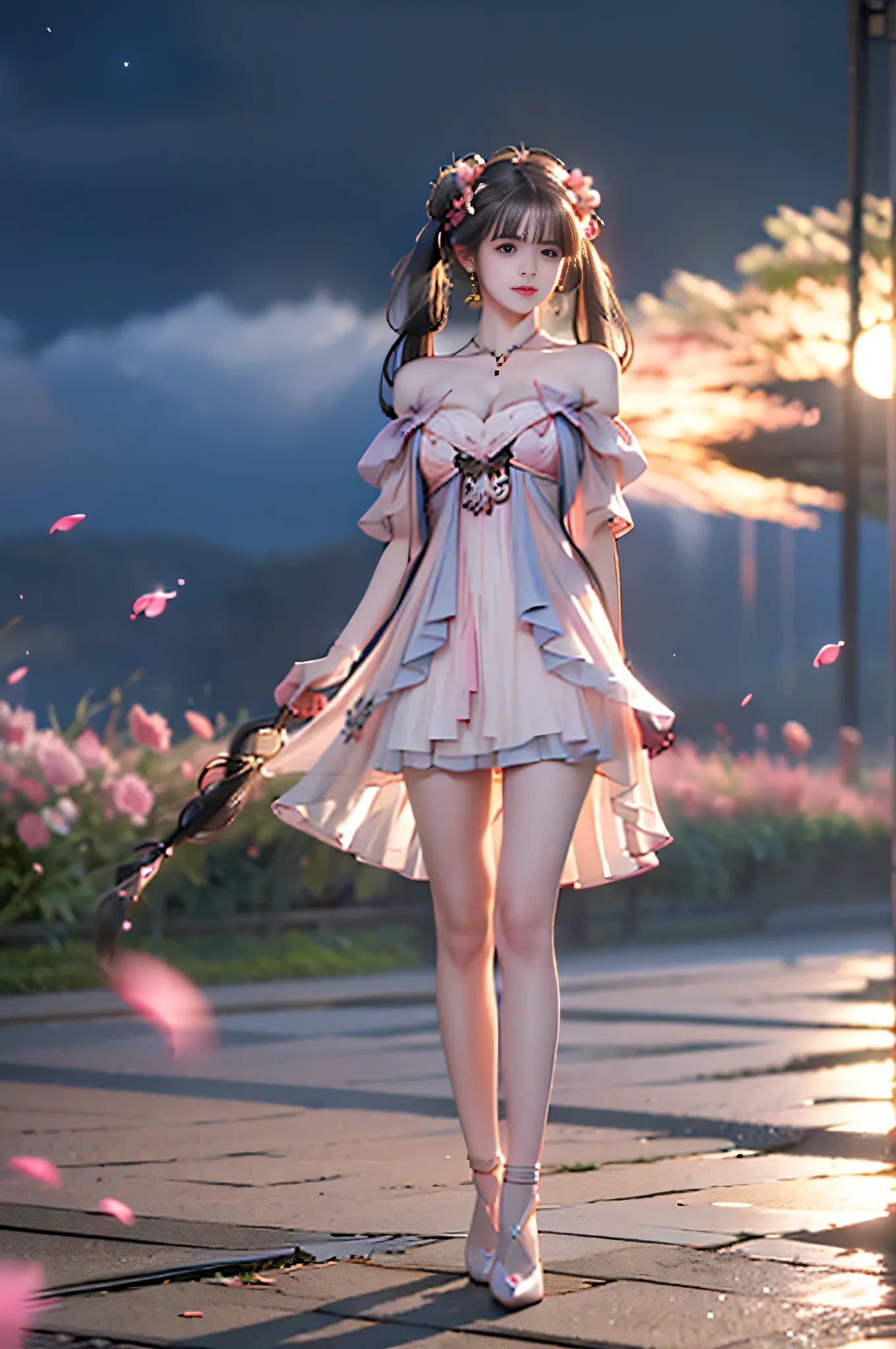 jinhsi,jinhsi \(peach blossom\) \(wuthering waves\),(clothes:peach blossom pink dress,alternate costume,bare shoulders:1.2),flower-shaped pupils,1girl,hair ornament,hair flower,twintails,bangs,jewelry,very long hair, ,,((full body, from below)), (masterpie...