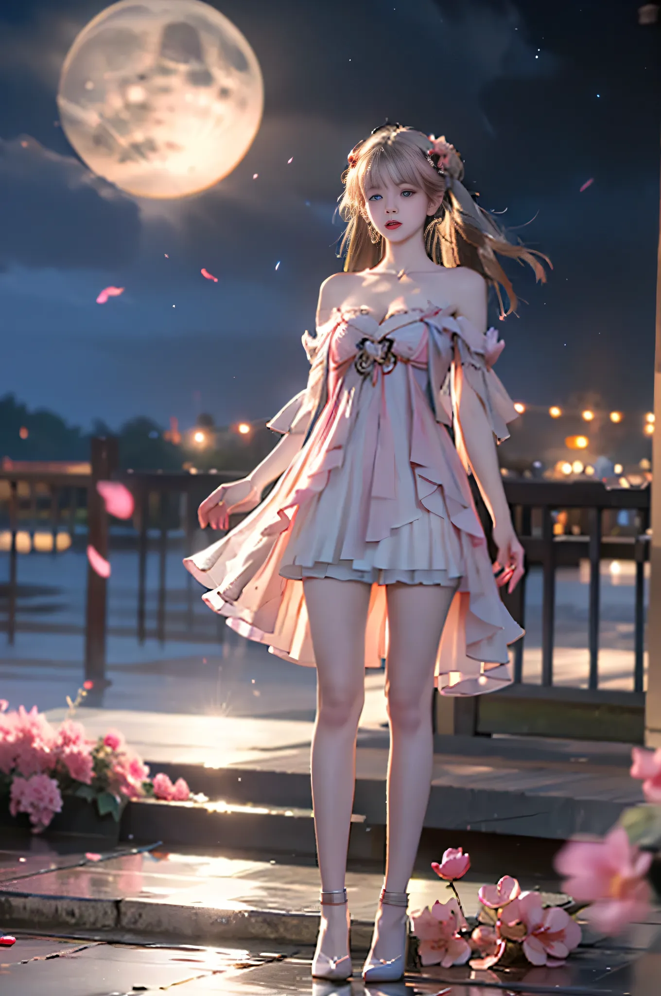 jinhsi,jinhsi \(peach blossom\) \(wuthering waves\),(clothes:peach blossom pink dress,alternate costume,bare shoulders:1.2),flower-shaped pupils,1girl,hair ornament,hair flower,twintails,bangs,jewelry,very long hair, ,,((full body, from below)), (masterpie...