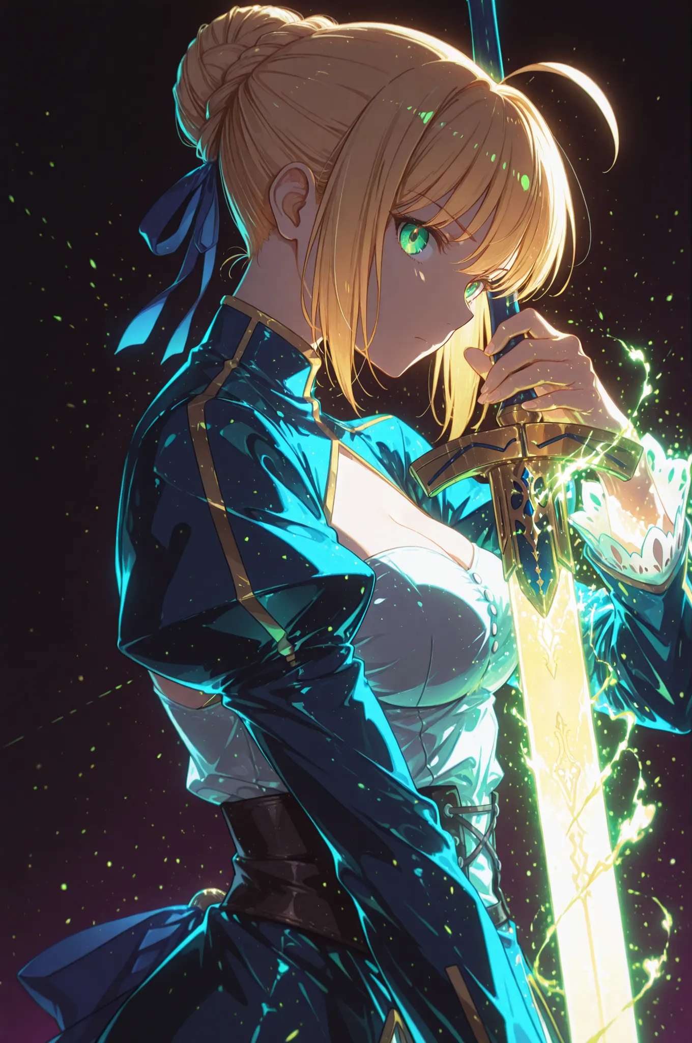 masterpiece, best quality, weapon, holding sword, 1girl, saber, fate_(series), 1girl, blonde_hair, green_eyes, tied hair, SHN journey, neon art, neon colors, glowing, glow effect, bright outlines, vibrant colors, high contrast, dark background, digital art...