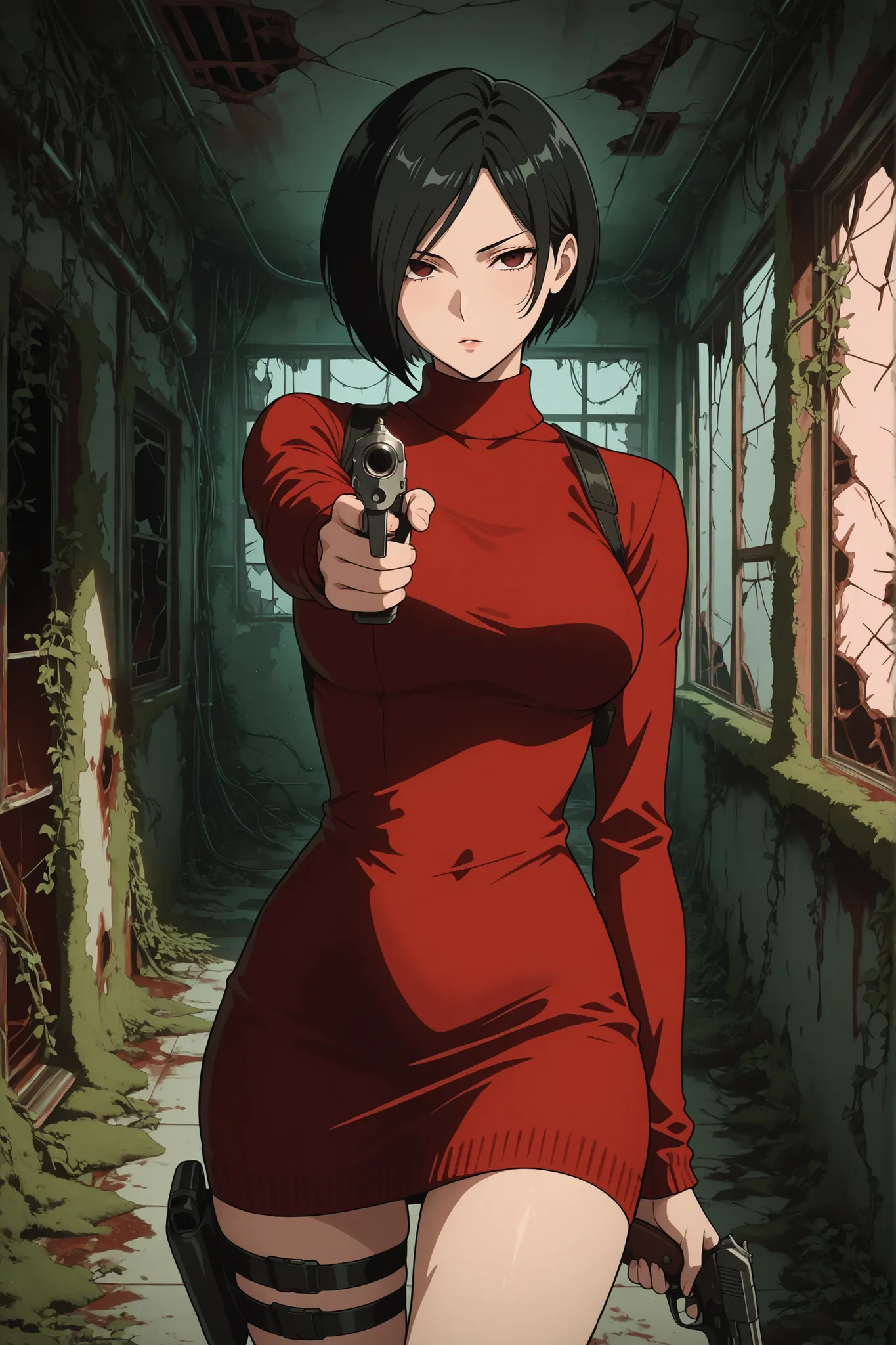 masterpiece, best quality, amazing quality, 1girl, ada wong, red sweater, turtleneck dress, thigh holster, pistol, holding gun, looking at viewer, pointing gun, abandoned hospital, broken window, moss, vines, rust, hospital background, absurdres, highres