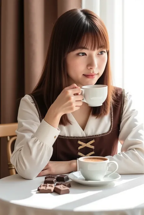 A realistic photo of a beautiful, fair-skinned Japanese girl with a slender figure and semi-long straight chocolate-brown hair with natural bangs. She is dressed in an outfit inspired by Central European folk costumes, with a refined design and a chocolate...