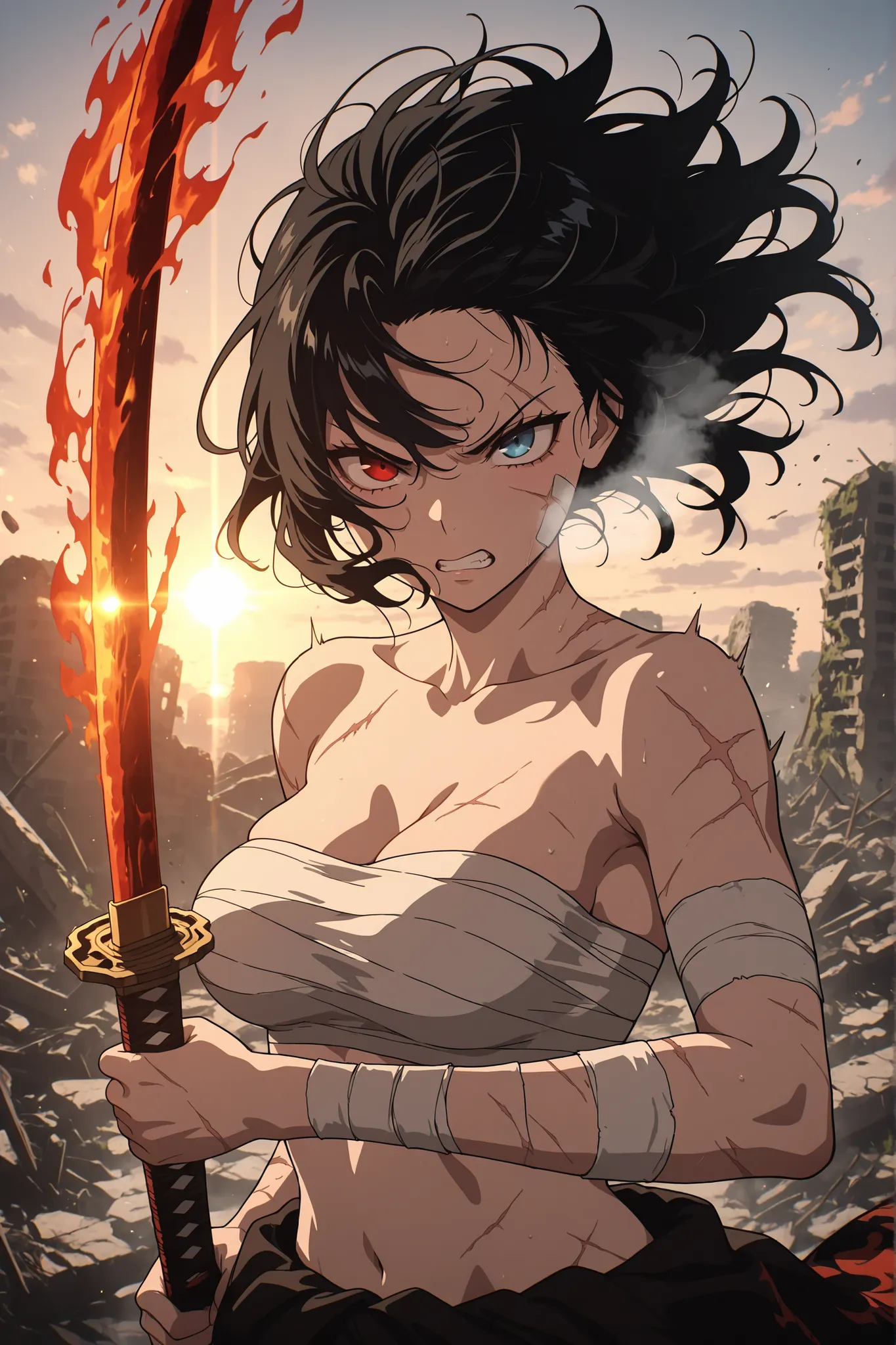 masterpiece, best quality, amazing quality, newest, very aesthetic, upper body, 1girl, black hair, heterochromia, red eye, blue eye, medium breasts, bandages on arms, chest sarashi, midriff sarashi, clenched teeth, breath, scar on arm, holding katana, figh...
