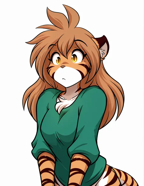 TR0P5TYL3,, masterpiece, best quality, very aesthetic, 1girl,, furry, solo, flora-twokinds, flora_twokinds,, tiger, striped fur, keidran, yellow eyes, anthro,, green shirt