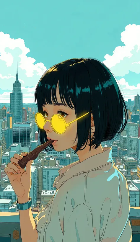 an image of a Japanese woman with bangs and short hair, She wears neon yellow glasses, She's eating a chocolate bar in a way , Create a rooftop view in an urban setting, with panoramic cityscapes, dramatic skylines, and a sense of elevation.