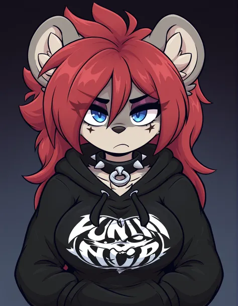 TR0P5TYL3,, 1girl, solo, anthro hyena, furry, furry female, blue eyes, punk, grey fur, black hoodie, breast, spike collar, red hair,