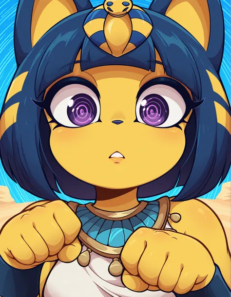 TR0P5TYL3,, depth of field, 1girl, furry, ankha \(animal crossing\), expressionless, eye reflection, yellow background, yellow theme, blue background, desert, spiral eyes, purple eyes, glowing eyes, wide-eyed, paw pose, looking at viewer, close-up, parted ...