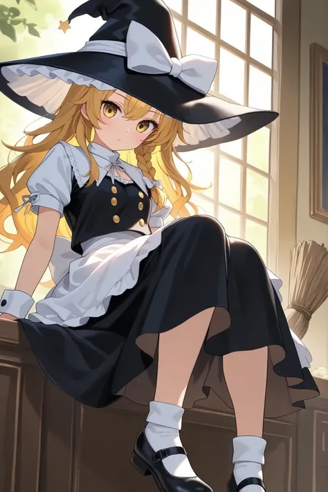 (Quality, 4k, A High Resolution, Masterpiece), Marisa Kirisame, blonde hair, long hair, side braid, golden eyes, black witch dress, white collar, white cuffs, white apron-like front, black pointy witch hat, white ribbon on hat, black Mary Janes