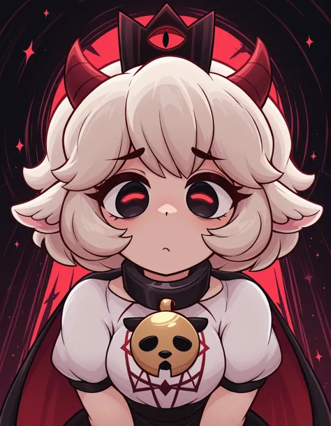 TR0P5TYL3,, masterpiece, best quality, very aesthetic, 1girl, solo, cult of the lamb, sheep girl, collar, horizontal pupils, red/black eyes, red crown,