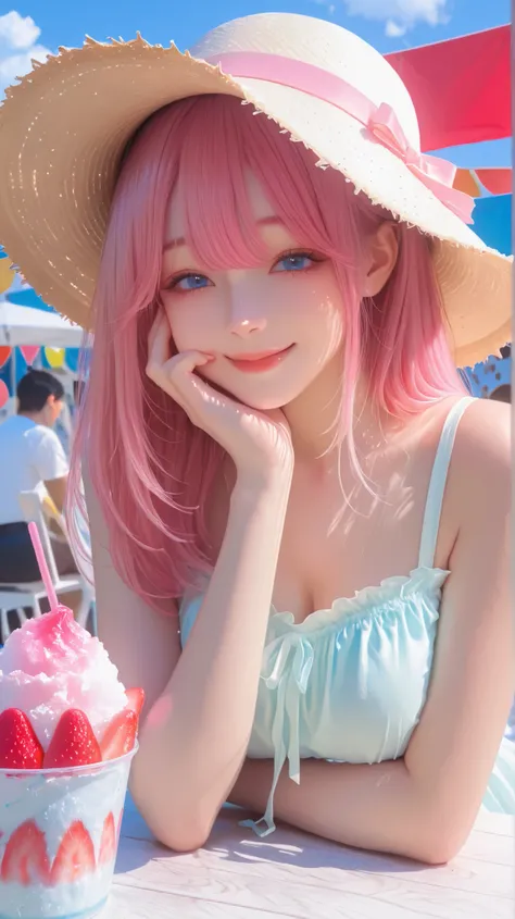 A heartwarming anime-style illustration of a cute girl feeding you fluffy Taiwanese-style shaved ice on a sunny summer day. She is wearing a flowing pure white sleeveless one-piece summer dress and a straw boater hat (kan-kan hat) with a simple ribbon. Wit...
