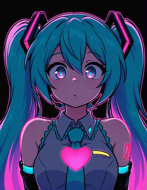 TR0P5TYL3,, Hatsune Miku,limited palette,black background,colorful,vibrant,glowing outline,neon,blacklight,looking at viewer, masterpiece, very aesthetic