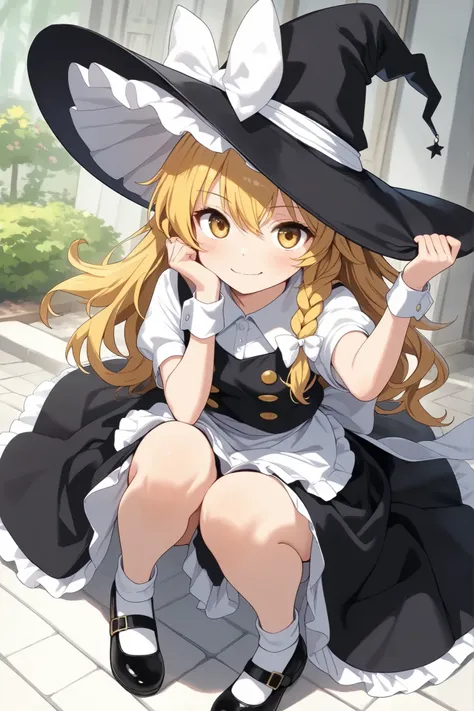 (Quality, 4k, A High Resolution, Masterpiece), Marisa Kirisame, blonde hair, long hair, side braid, golden eyes, black witch dress, white collar, white cuffs, white apron-like front, black pointy witch hat, white ribbon on hat, black Mary Janes