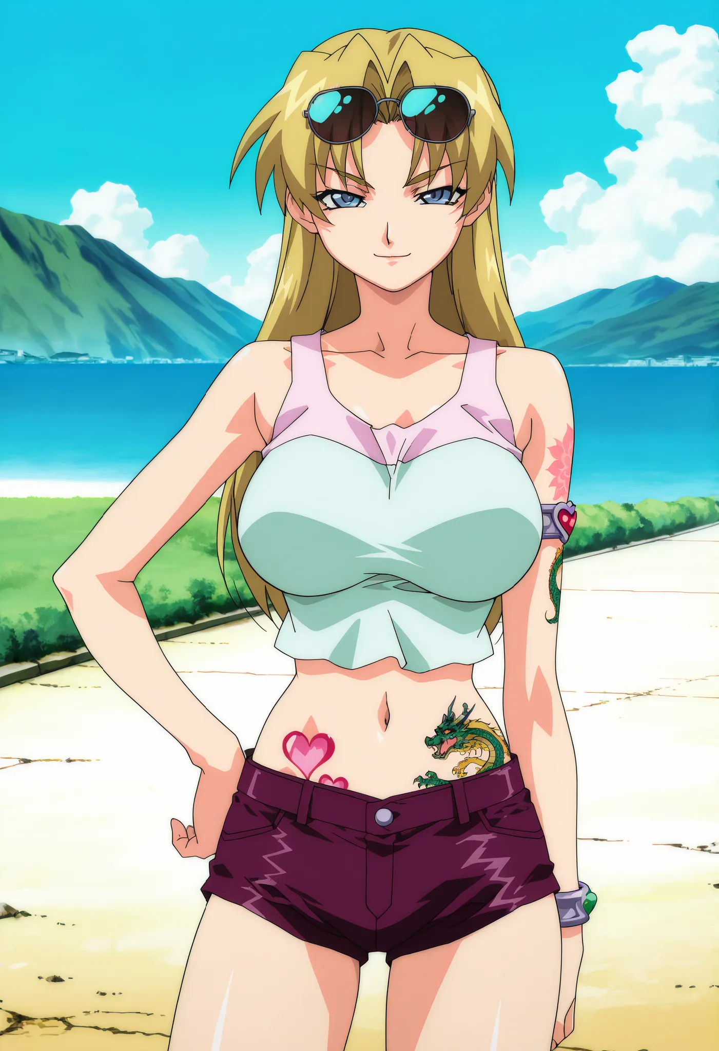 masterpiece,best quality,amazing quality,very aesthetic,high resolution,ultra-detailed,absurdres,newest, Obari Masami style, anime screencap, anime screenshot,  2000s (style),  Shaia, blonde, 1girl, big breasts, blue eyes, sunglasses on head, heart motif, ...