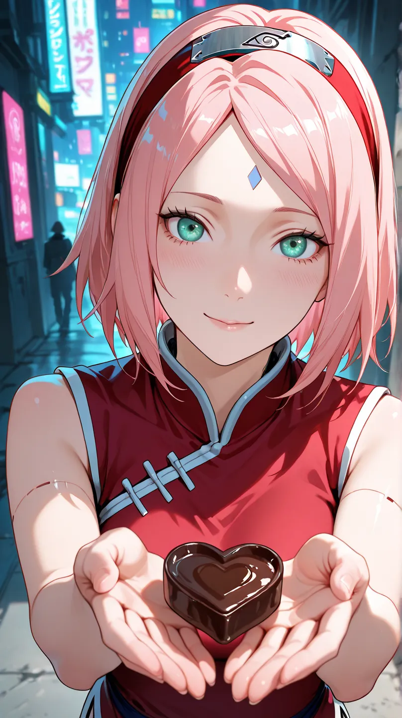 haruno sakura, cyberpunk, giving chocolate
