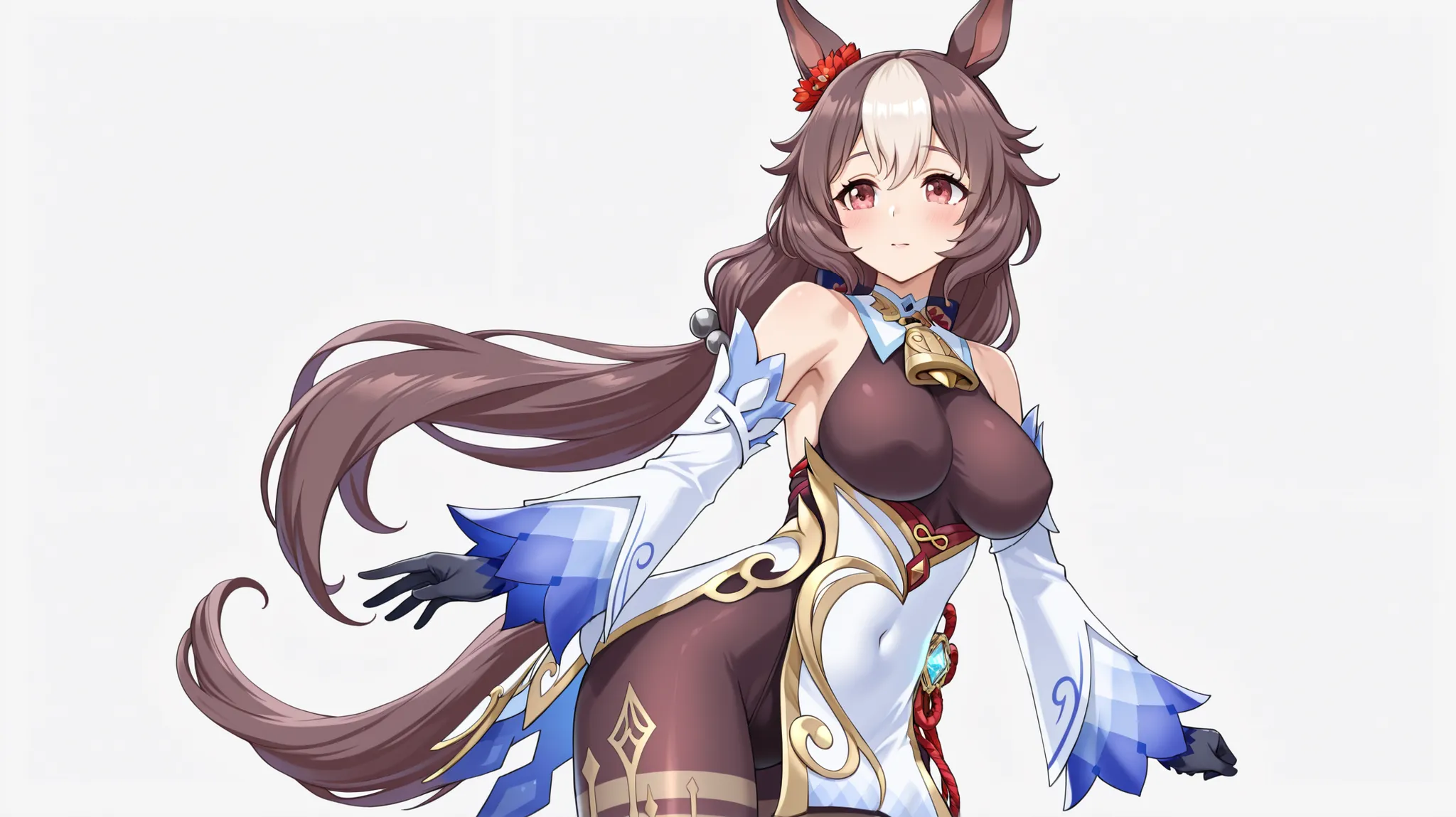 yamanin zephyr（Uma Musume）, Uma Musume, solo, [top quality], [Super beautiful CG], [Highly Detailed CG], [Super Detailed], [CG illustration], [high resolution], [extremely delicate and beautiful],  very detailed skin, Medium Breasts,  genshin ganyu cosplay...