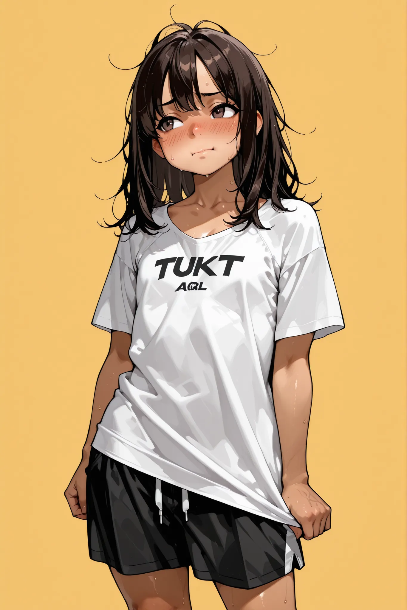 (1 Boy),( like a girl),Super Detailed,absolute resolution,(dynamic angles),(tanned skin:0.3),portrait,((pinup)),(Dazed:0.8),standing,(hand under T-shirt:1.5),oversized Thigh-length white T-shirt,((untucked shirt)),brown baggy shorts,bare foot,detailed and ...