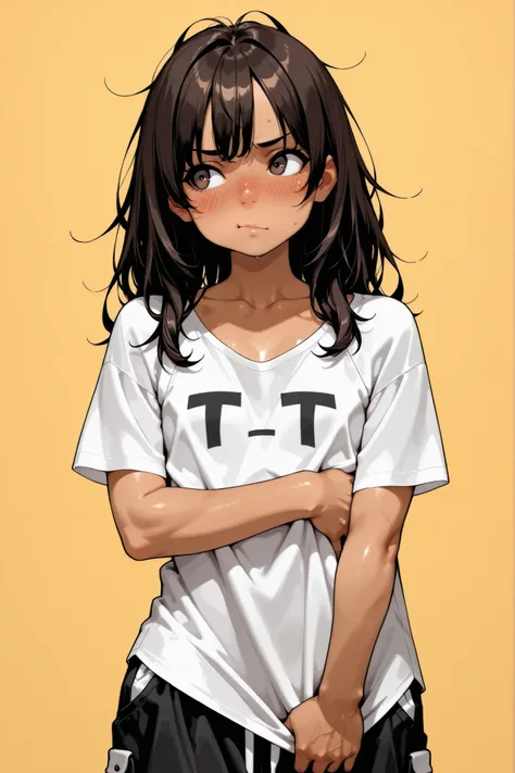 (1 Boy),( like a girl),Super Detailed,absolute resolution,(dynamic angles),(tanned skin:0.3),portrait,((pinup)),(nsfw),standing,(hand under T-shirt:1.5),oversized Thigh-length white T-shirt,((untucked shirt)),brown baggy shorts,bare foot,detailed and beaut...