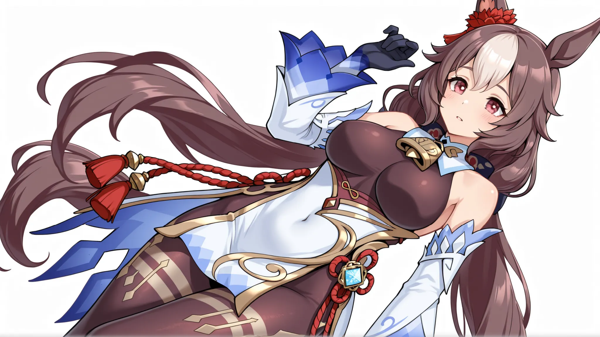 yamanin zephyr（Uma Musume）, Uma Musume, solo, [top quality], [Super beautiful CG], [Highly Detailed CG], [Super Detailed], [CG illustration], [high resolution], [extremely delicate and beautiful],  very detailed skin, Medium Breasts,  genshin ganyu cosplay...