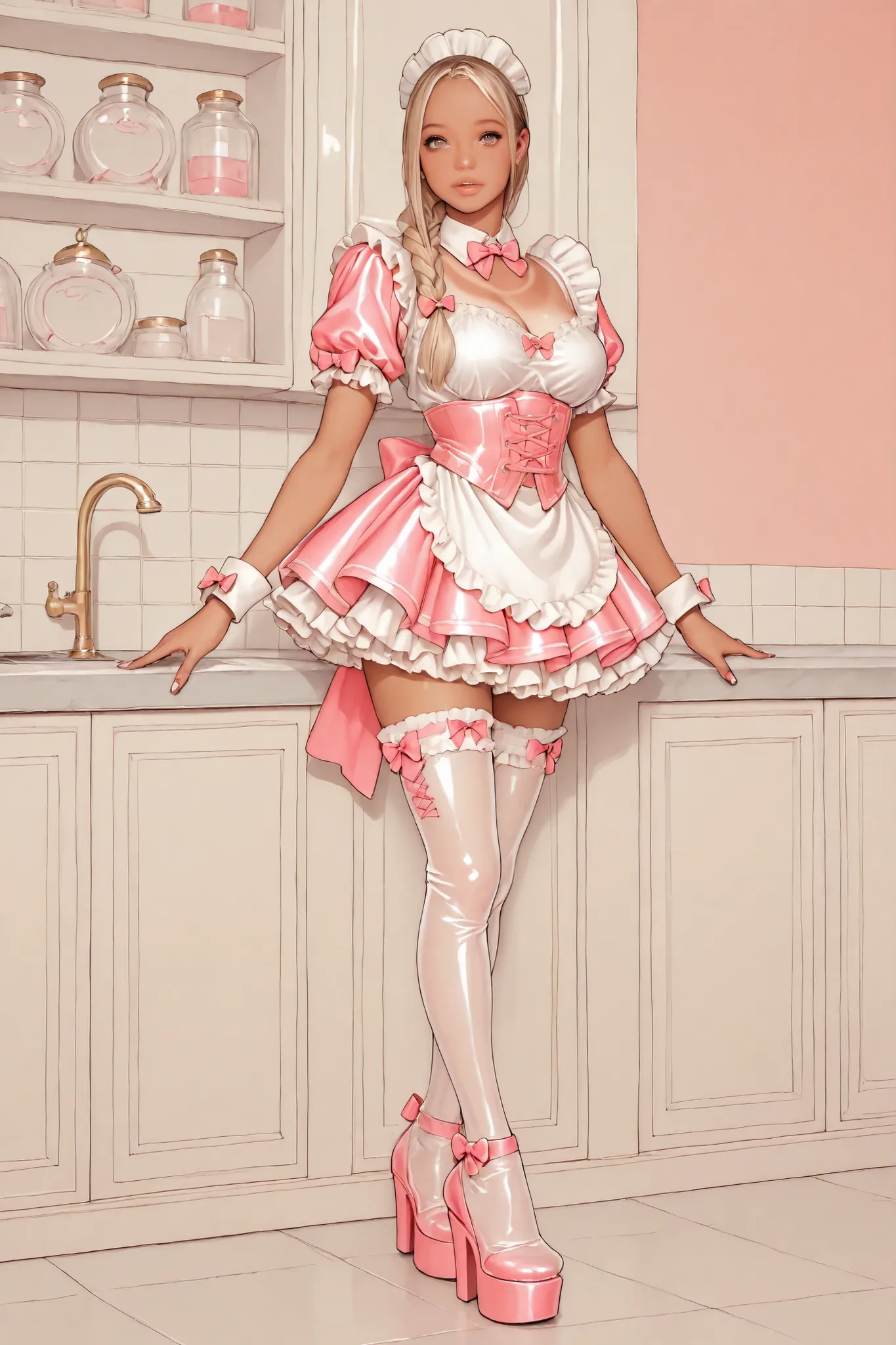 shiny satin,ankle bows,platform heels,thighhighs,laced corset,apron,frills,dr3ss, maid outfit, short poofy voluminous skirt,1 girl, tanlines,single long braid, gold hair