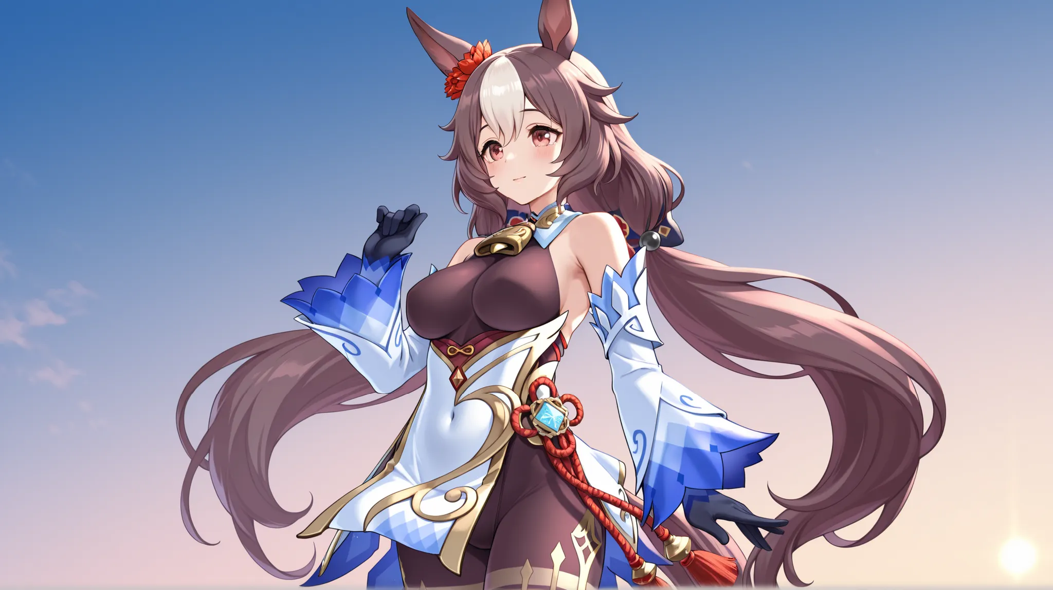 yamanin zephyr（Uma Musume）, Uma Musume, solo, [top quality], [Super beautiful CG], [Highly Detailed CG], [Super Detailed], [CG illustration], [high resolution], [extremely delicate and beautiful],  very detailed skin, Medium Breasts,  genshin ganyu cosplay...