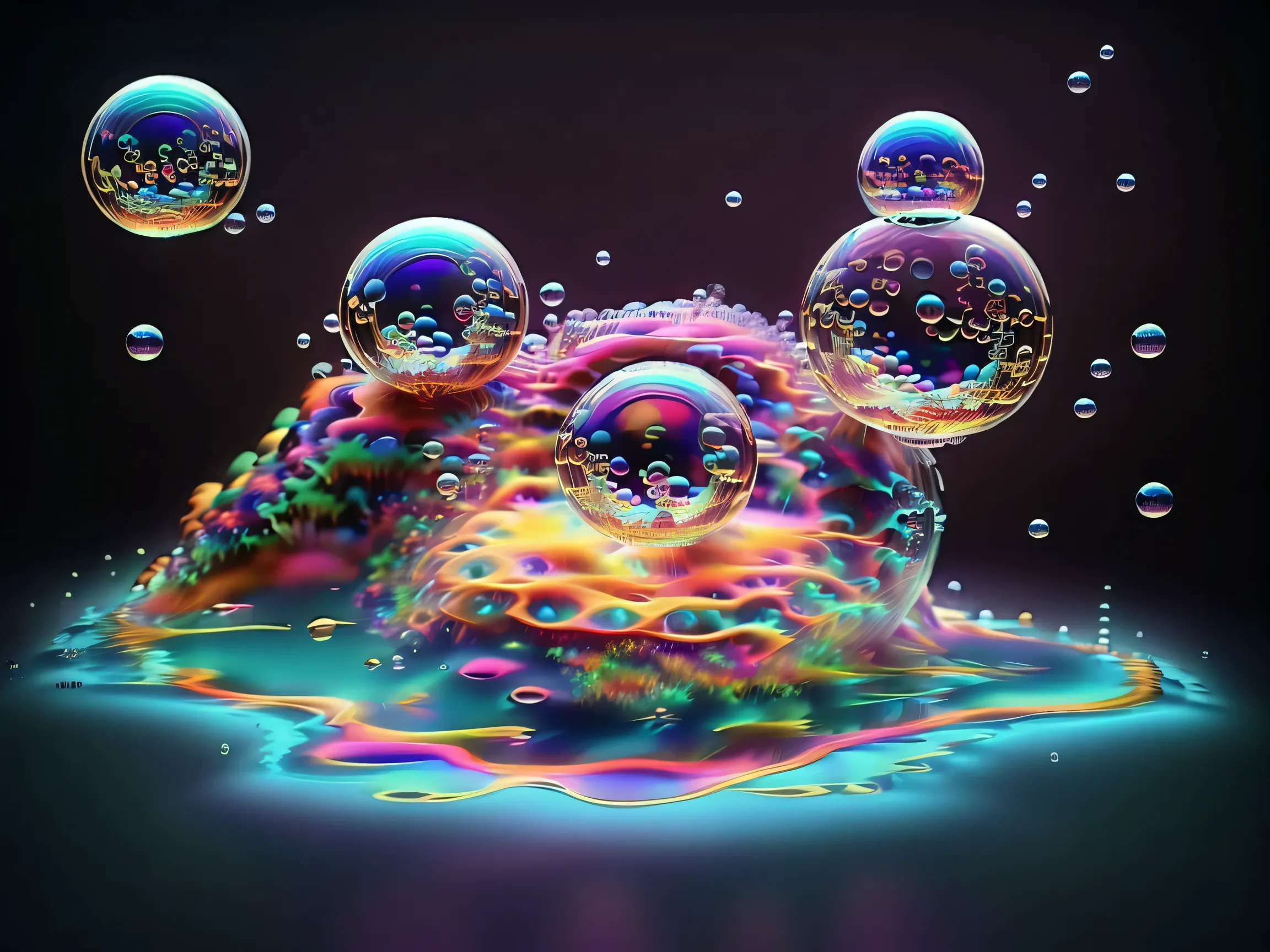 A close up of beautiful bubbles floating on top of each other, LSD, DMT imagery. octane render, psychedelic droplets of water, abstract liquid, and intricate rainbow art. octane render, black 3d fluid simulation, ethereal bubbles, swirling liquids, and hi...