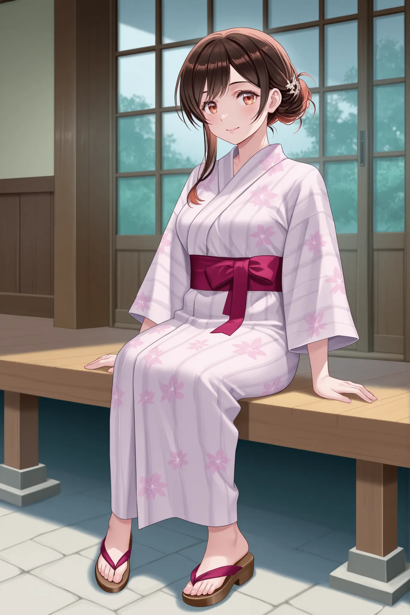 Japanese woman wearing a pink yukata、Mizuhara Chizuru、A bedroom with a view of the mountains of a Japanese luxury ryokan、The yukata comes off、sitting、full body