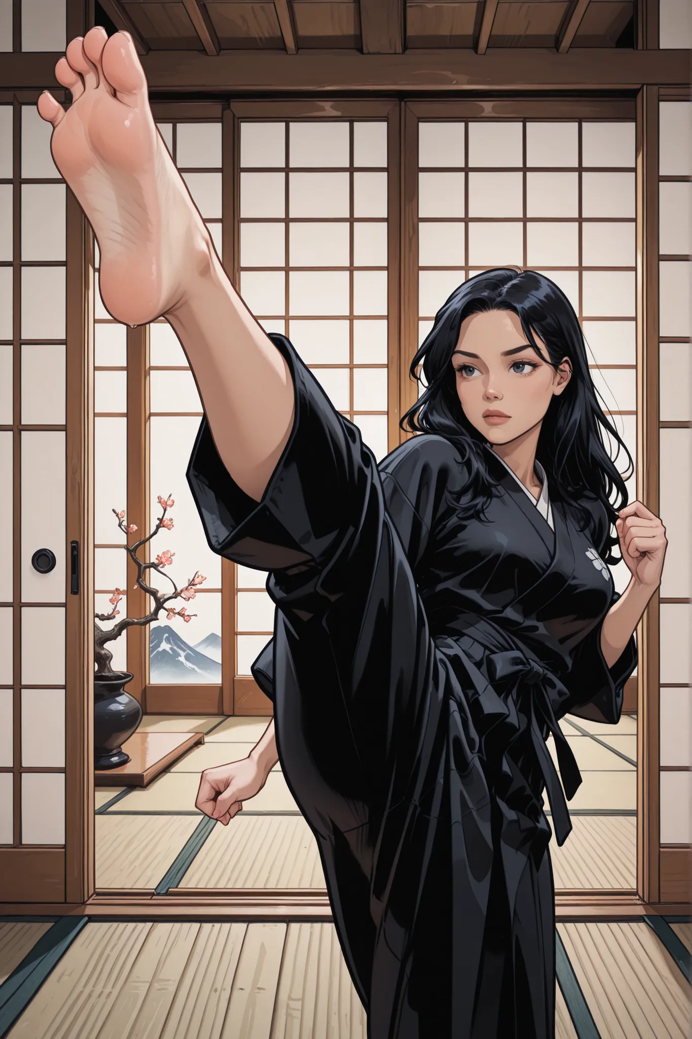 Foot_focus, solo, barefoot, soles, toes, tatami, long_hair, 1girl, sliding_doors, high_kick