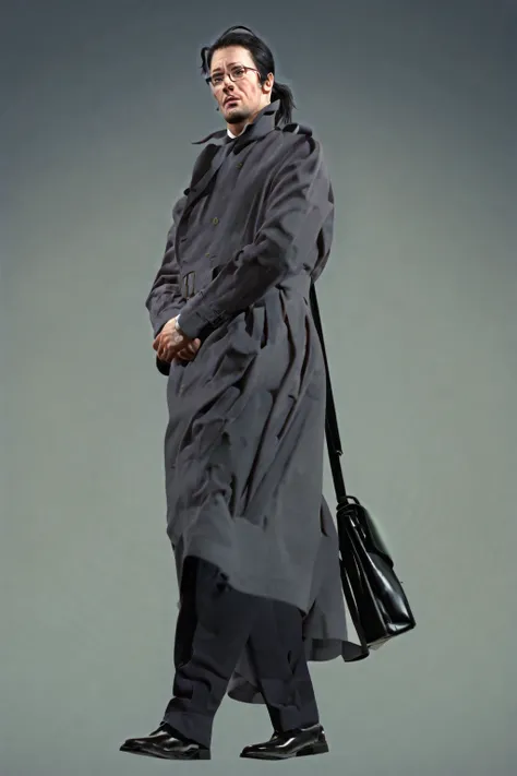 black eyes, beard, ,sherlock_holmes, black hair, short hair, ponytail, ahoge , shy old man、black trench coat、wearing glasses、Suit、50th Generation、black hair long hair、I'm tying my hair at the back、black square case、Black leather shoes、Shoulder length hair,solo、Anime、Around 50 years old、solo、beard、Black Bag、outside、1人でoutsideに立っている、片手にBlack Bagを持っている