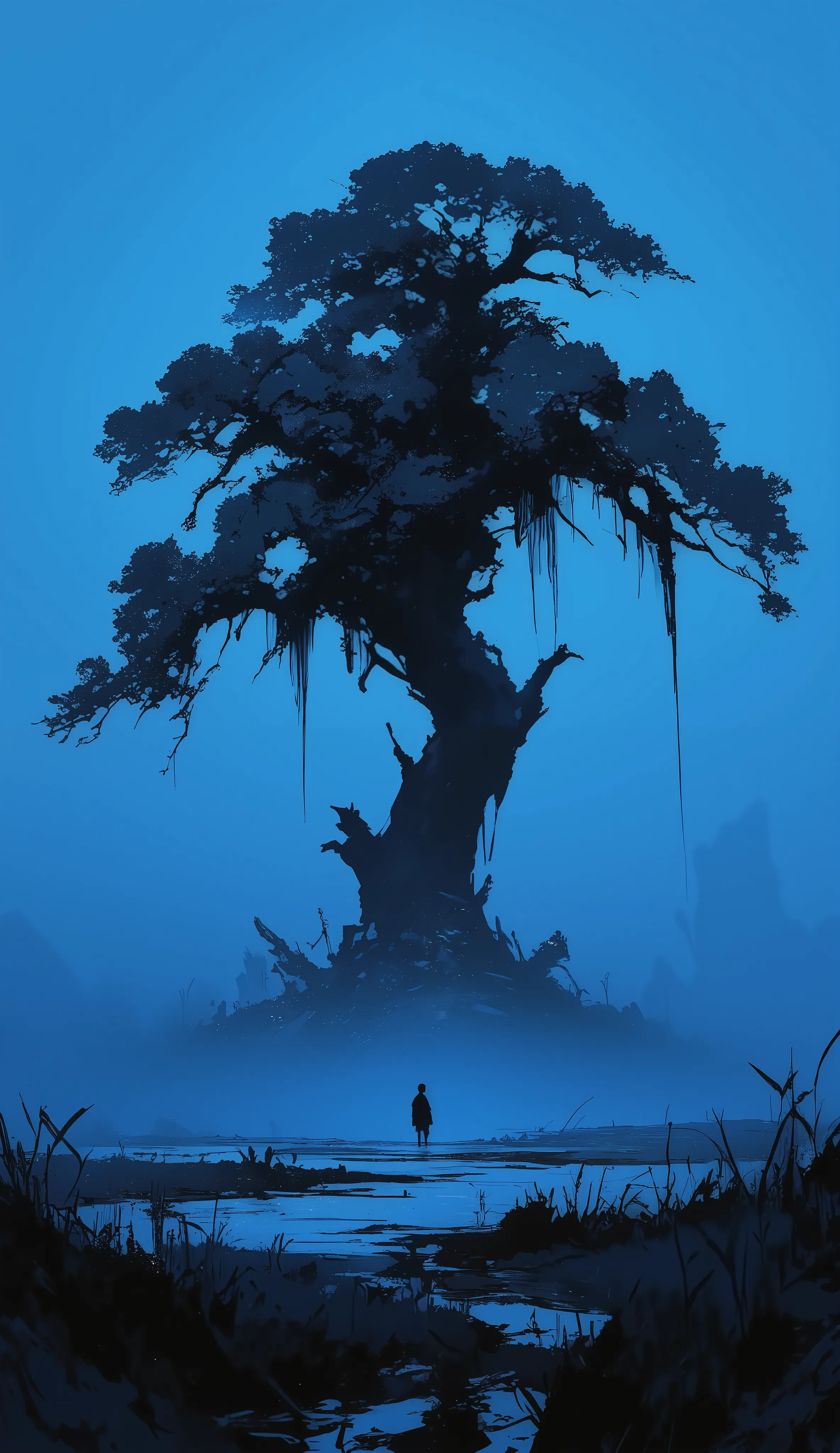 The image depicts a solitary figure standing in a vast, open field under a deep blue sky. The figure is small and appears to be gazing at the horizon. In the foreground, there are some tall grasses or reeds, and the overall scene is shrouded in a misty or ...