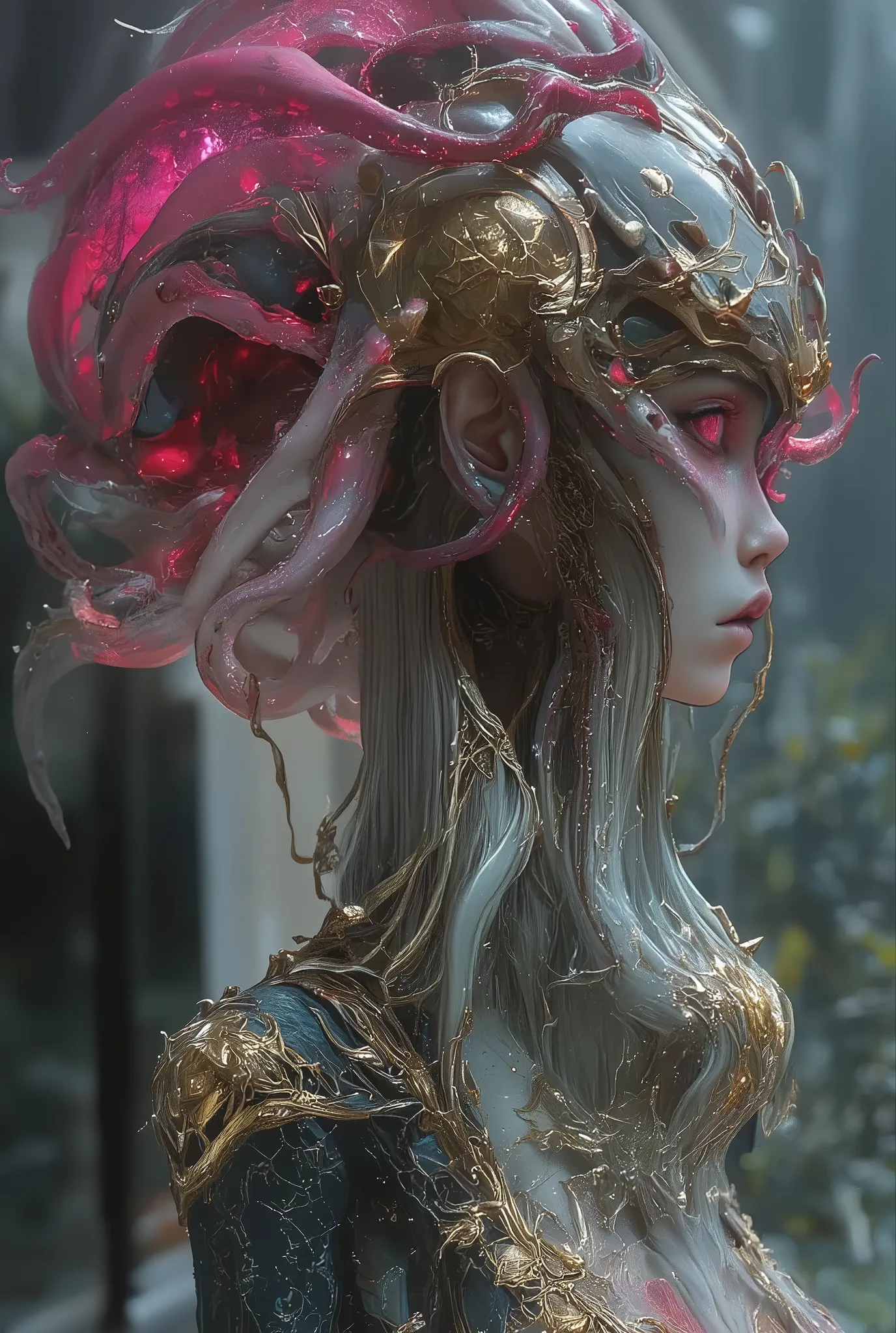 The image is a highly detailed, photorealistic CGI artwork featuring a busty figure with a surreal, otherworldly aesthetic. The subject has an unnaturally pale, almost translucent skin, with piercing red eyes that glow ominously. They are adorned with an e...