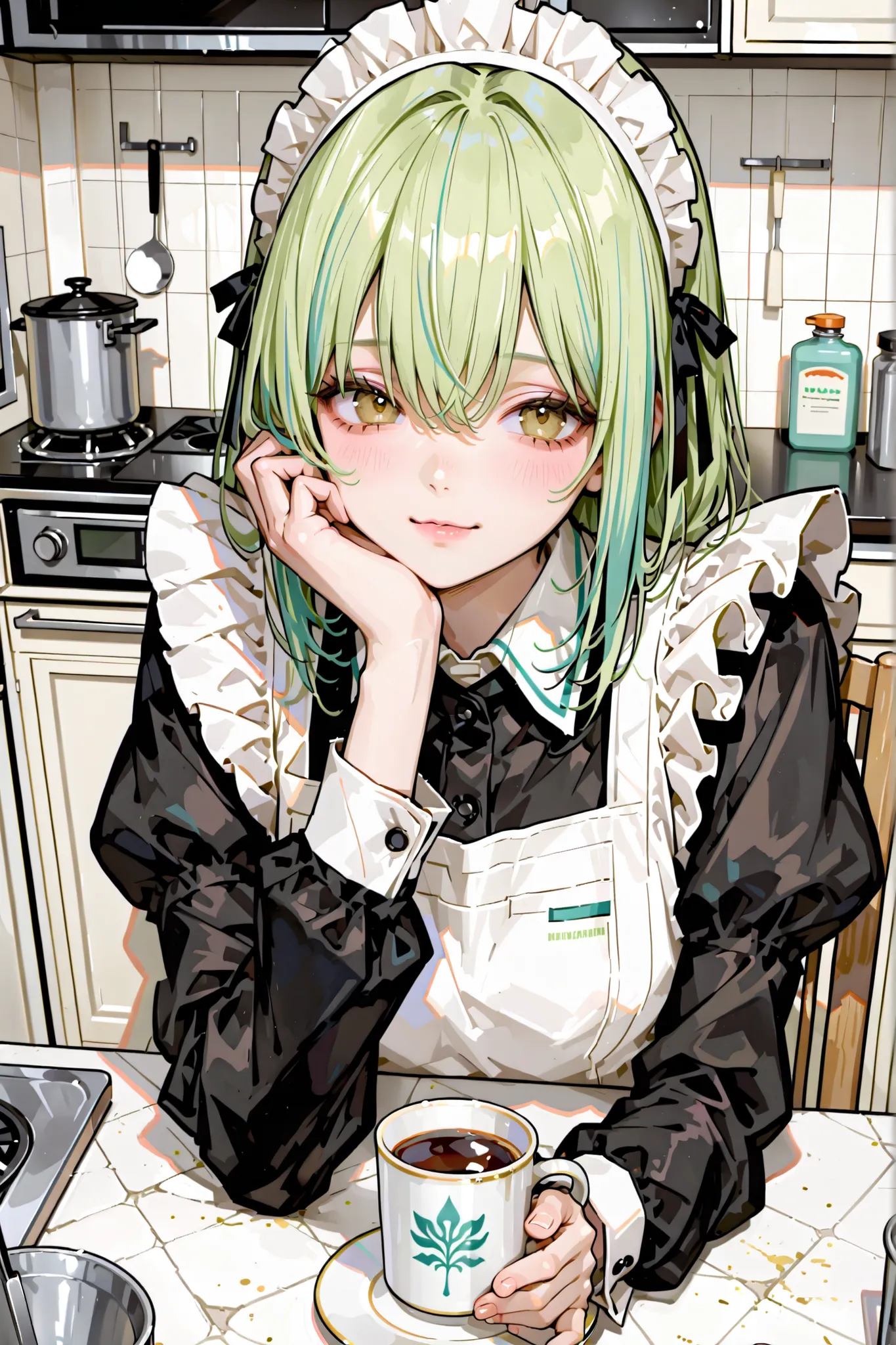 kitchen、one young woman、Maid、Cup、Cupにはココア、poison々しい液体をCupに注ぐ、masterpiece、top quality:1.5、