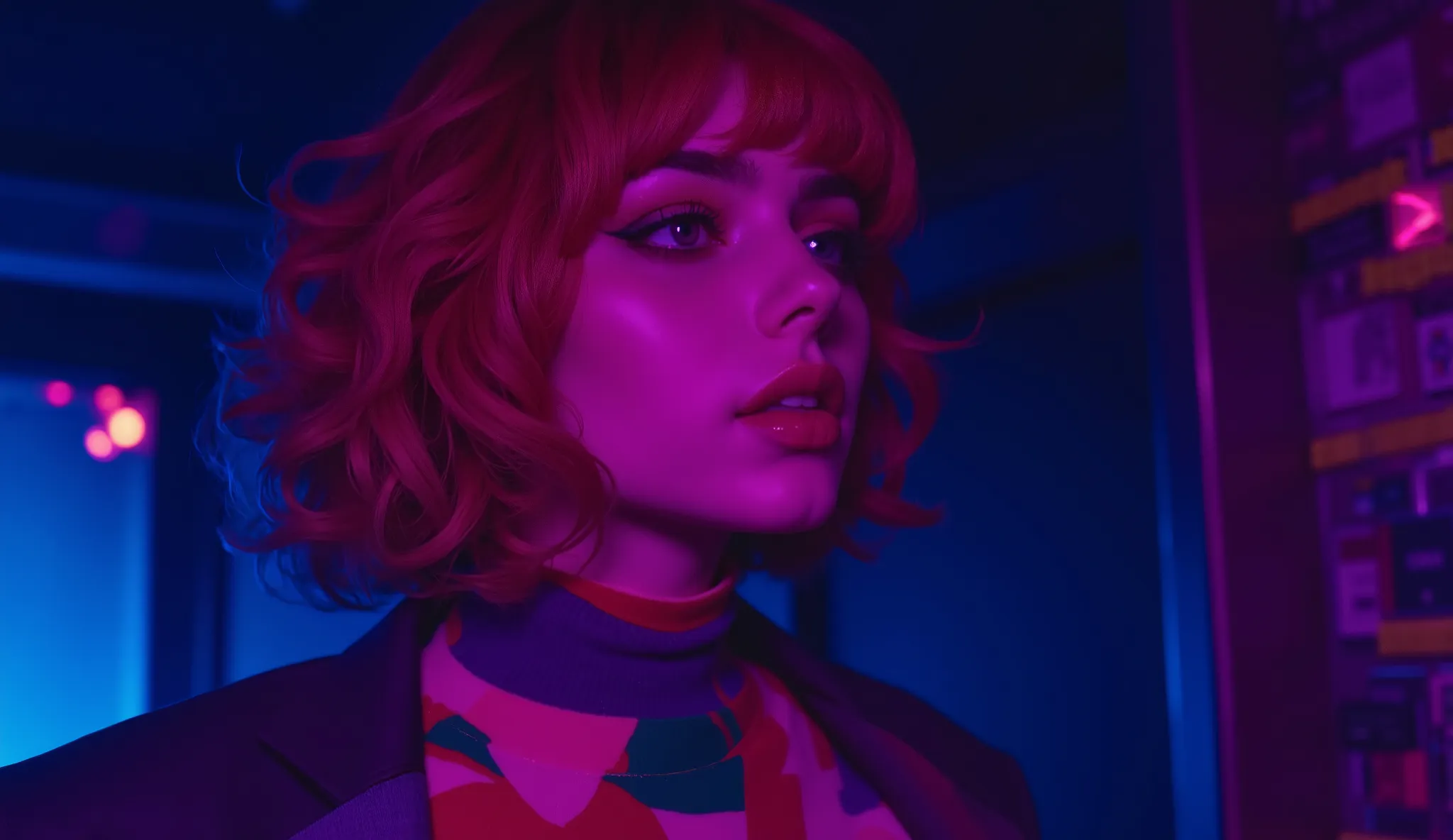 score_9, score_8_acima, score_7_acima, cinematographic photo, close-acima, 1 menina, Lindo rosto fofo, lips parted, curly red hair, natural eyebrows, Suit, colorful sweater , multicolored clothes,  illuminated by cold lights ,  Blue lighting, purple lighti...