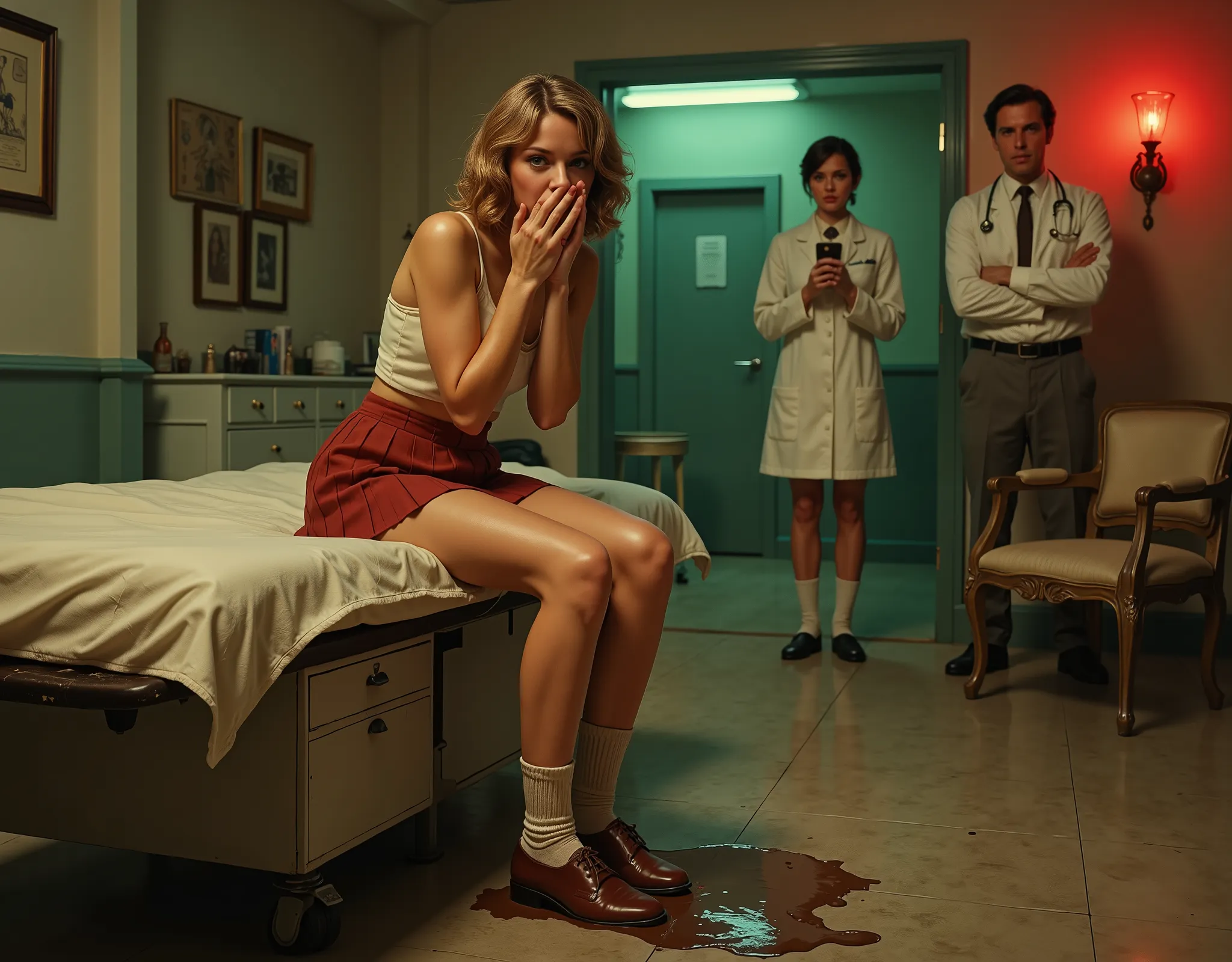 an attractive woman is sitting on the doctor's examination table, wearing a short pleated shirt and ankle socks and saddle shoes, she is holding her hand over her mouth in embarrassment, the doctor and nurse look on in shock as a puddle of thick rich choco...