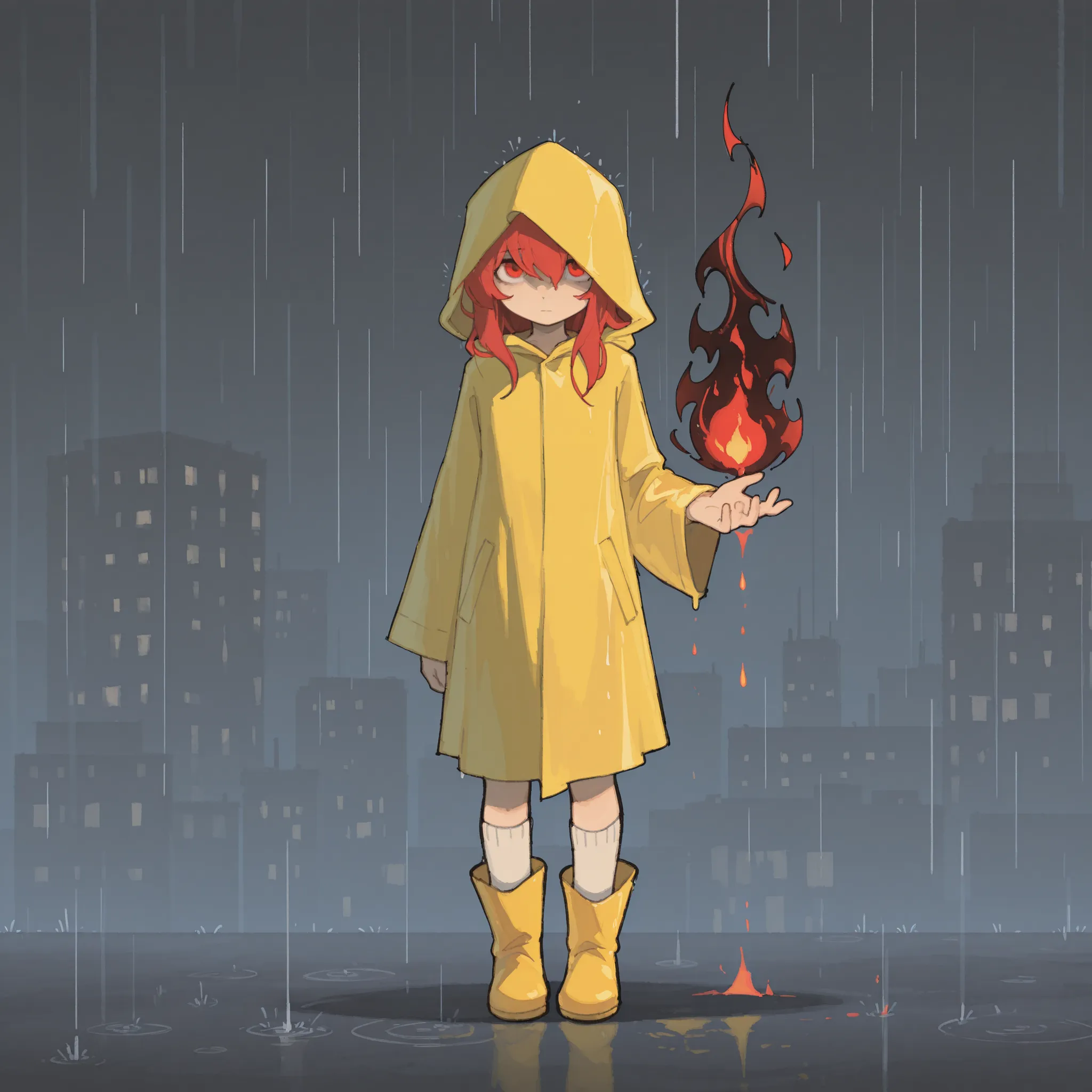 masterpiece, Ultra-HD, impressionism, High detail, best quality, very aesthetic, 8K, best quality, beautiful, Change of tmchng , 1girl, Alone, long red hair, shadow over eyes, red eyes, petite, yellow raincoat, Hood on, yellow boots, white long Socks, expr...