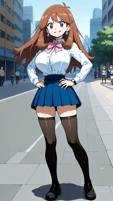 adult older sister, Tall, big boobs, jam one's hands on one's hips, bare hands, black knee-high stockings, Absolute region, thighs, loafers, white long sleeve button shirt, Pink bowtie, blue pleated mini skirt, ((top quality)), ((masterpiece)), ((details)...