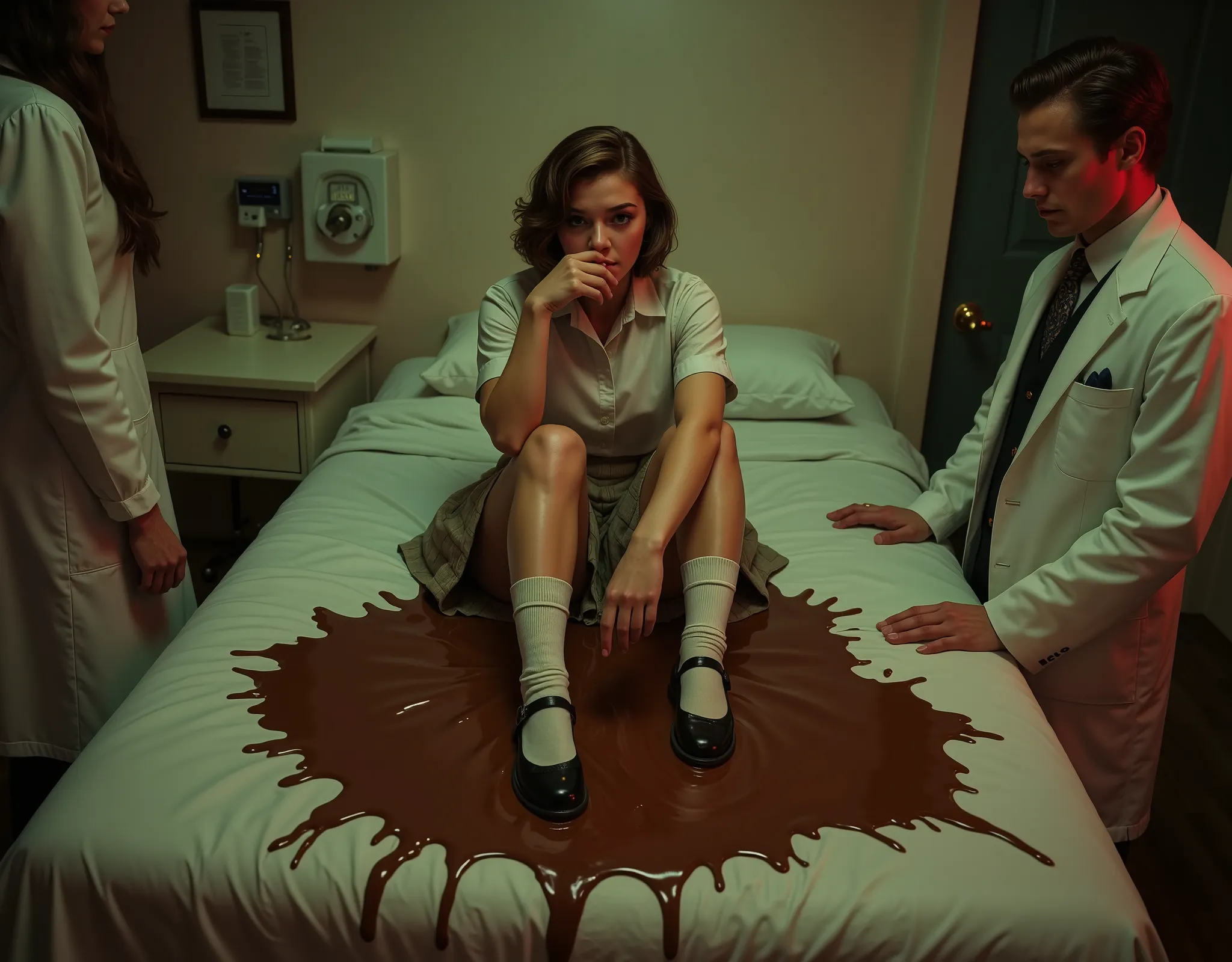 an attractive high school girl is sitting on the doctor's examination table, wearing a short pleated shirt and ankle socks and saddle shoes, she is holding her hand over her mouth in embarrassment, the doctor and nurse look on in shock as a puddle of thick...
