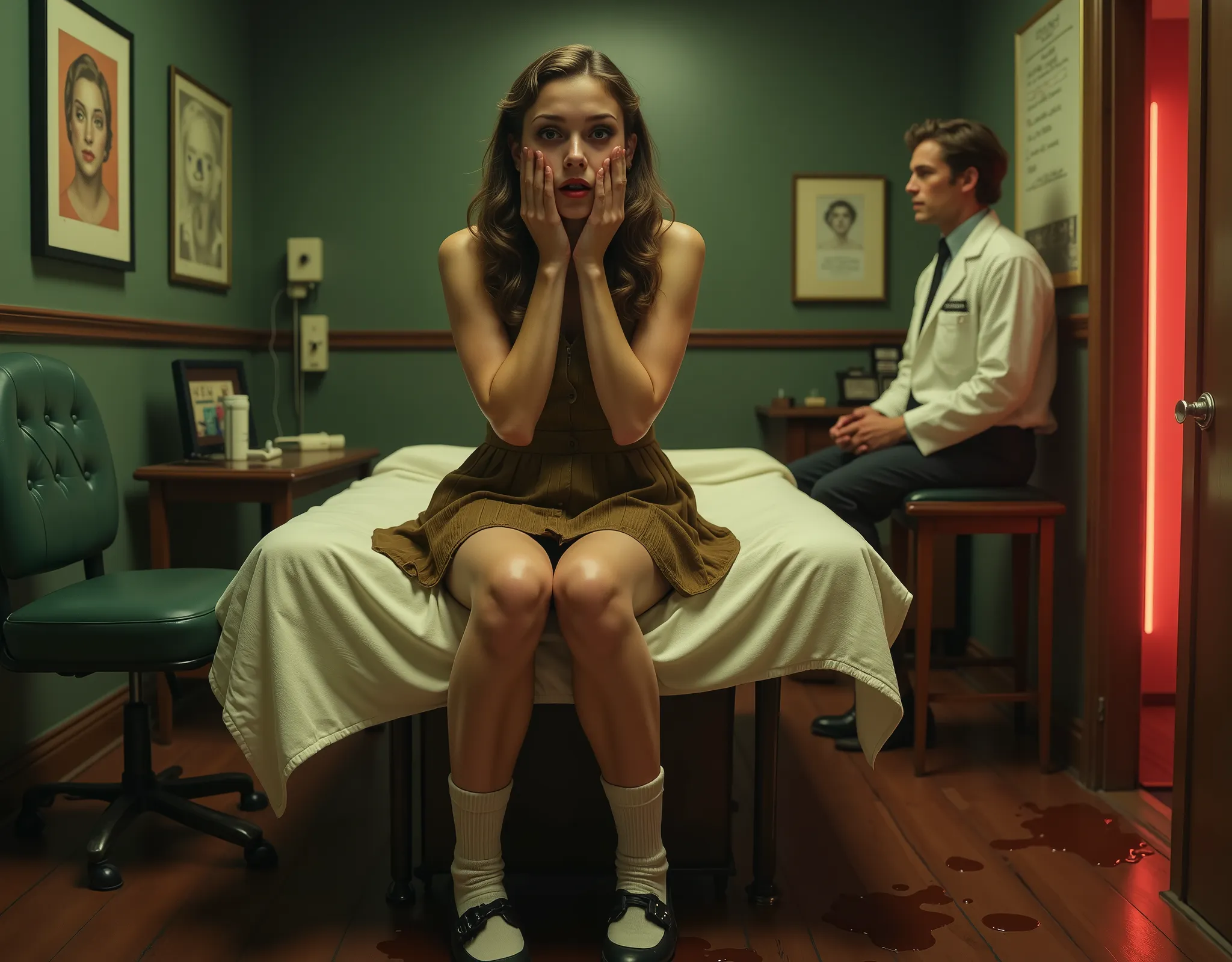 an attractive high school girl is sitting on the doctor's examination table, wearing a short pleated shirt and ankle socks and saddle shoes, she is holding her hand over her mouth in embarrassment, the doctor and nurse look on in shock as a puddle of thick...