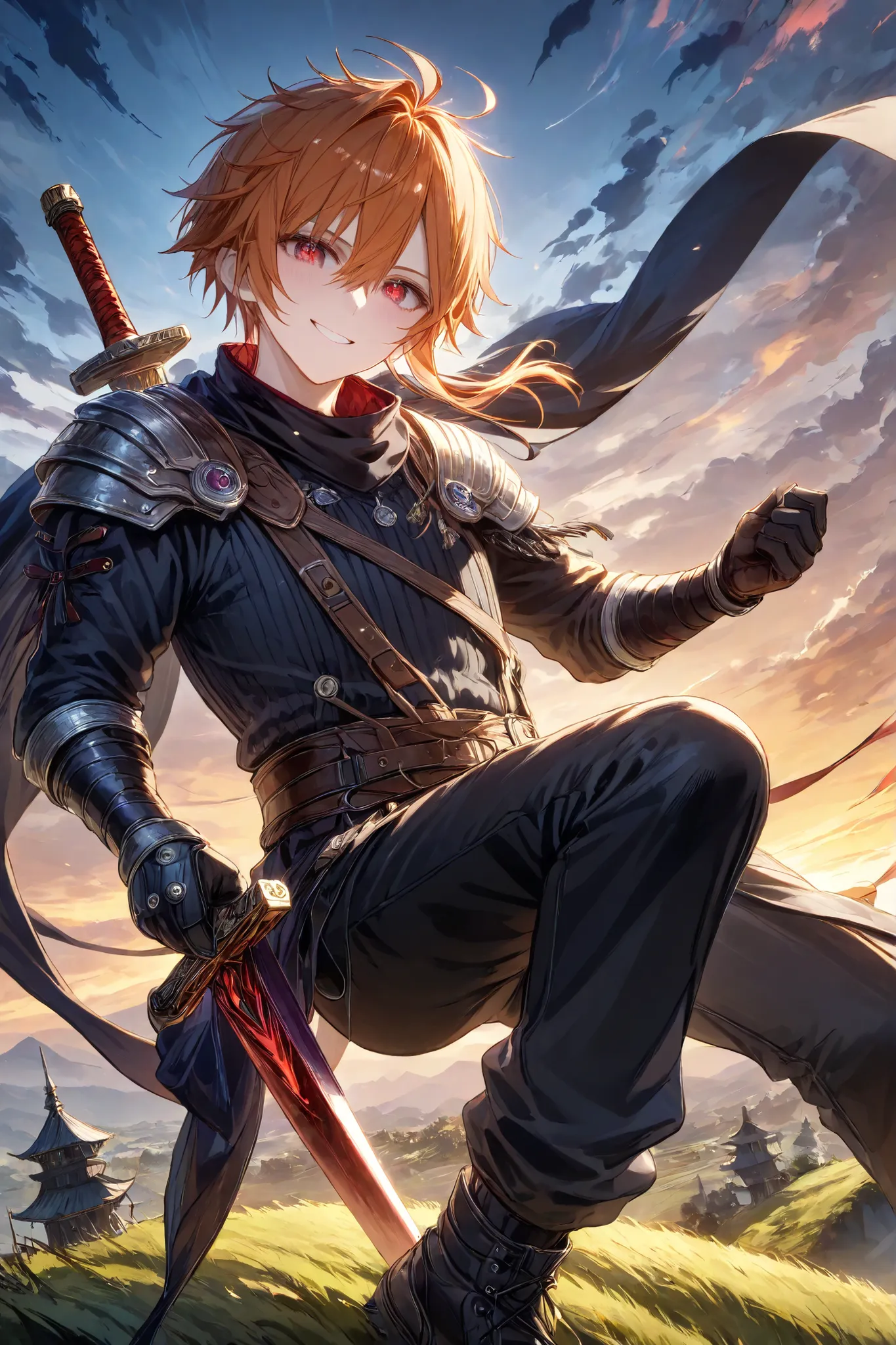 ( top quality , 8k , masterpiece, ),   (male：2)、(adults：2)、younger , (1 person) ,  Extremely Elaborate Eyes and Faces  , orange hair   、Beautiful red eyes、Tall、(wrap a black bandana、 frugal outfit、背中にシンプルなcarry a sword、fantasy、black pants)、On a hill with a...